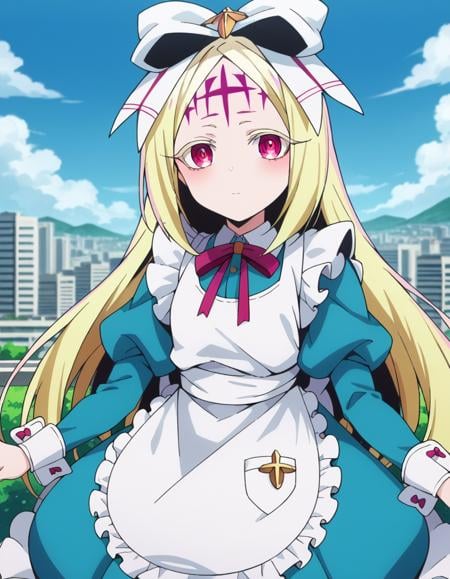 score_9, score_8_up, score_7_up, source_anime,morinokorisu, <lora:morino-korisu-ponyxl-lora-nochekaiser:1>nero alice, long hair, blonde hair, red eyes, bow, hair bow, pink eyes, facial mark, forehead mark,long sleeves, dress, ribbon, apron, white apron, puffy sleeves,outdoors, cityscape,looking at viewer, dutch angle, cowboy shot