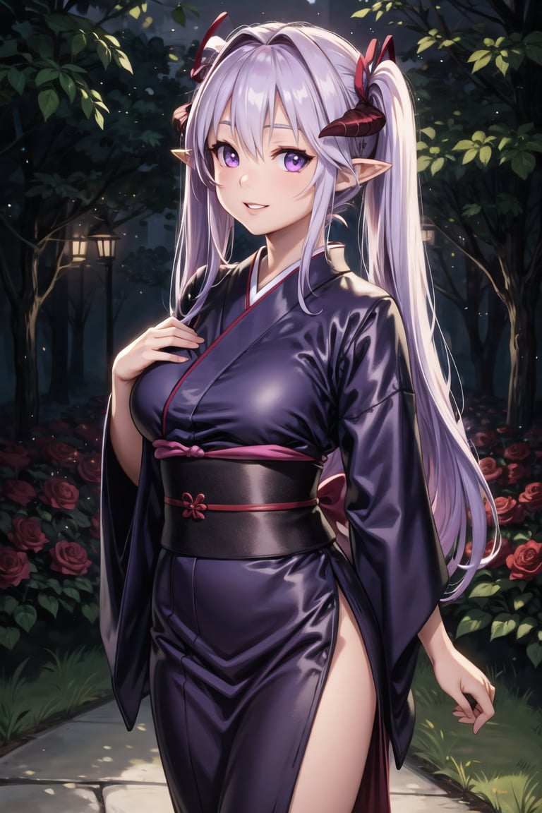 (best quality, masterpiece:1.3), (detailed background:1.3), (photorealistic art, horror art:1.3),looking at viewer, 1girl, (solo:1.0), seductive, smile, parted lips,  cowboy shot, standing, night, woods, outdoors, rose garden,hm_hotengeki, purple hair, hair intakes, hair between eyes, twintails, long hair, purple eyes, demon horns, demon girl, pointy ears, large breasts,red and white yukata, japanese clothes, kimono, long sleeves, puffy sleeves, <lora:hm_hotengeki-10:0.6:lbw=ALL>