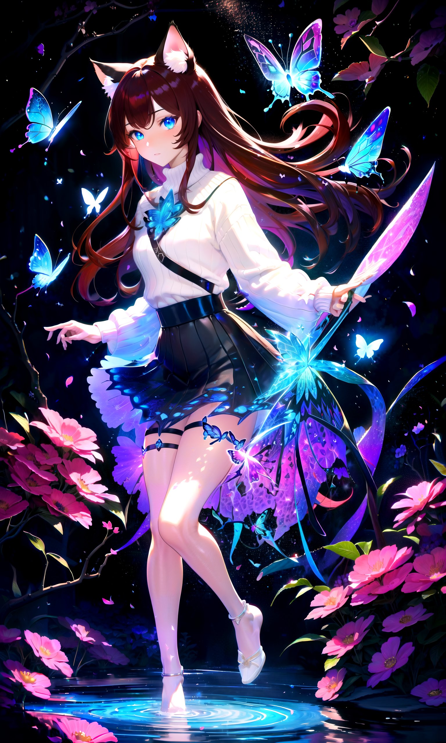 (masterpiece, best quality, highres), 1girl, raifu, solo, pov, full body,BREAKdark background, black background, depth of fieldfractals, lineart background, colorful background, flowers, petals,rim lighting, crystals, butterfly, vegetation, aura, magic, water,BREAKdark red hair, (long hair:0.8), blue eyes, straight hair, cat ears,(medium breasts:0.8), mature female, white sweater,