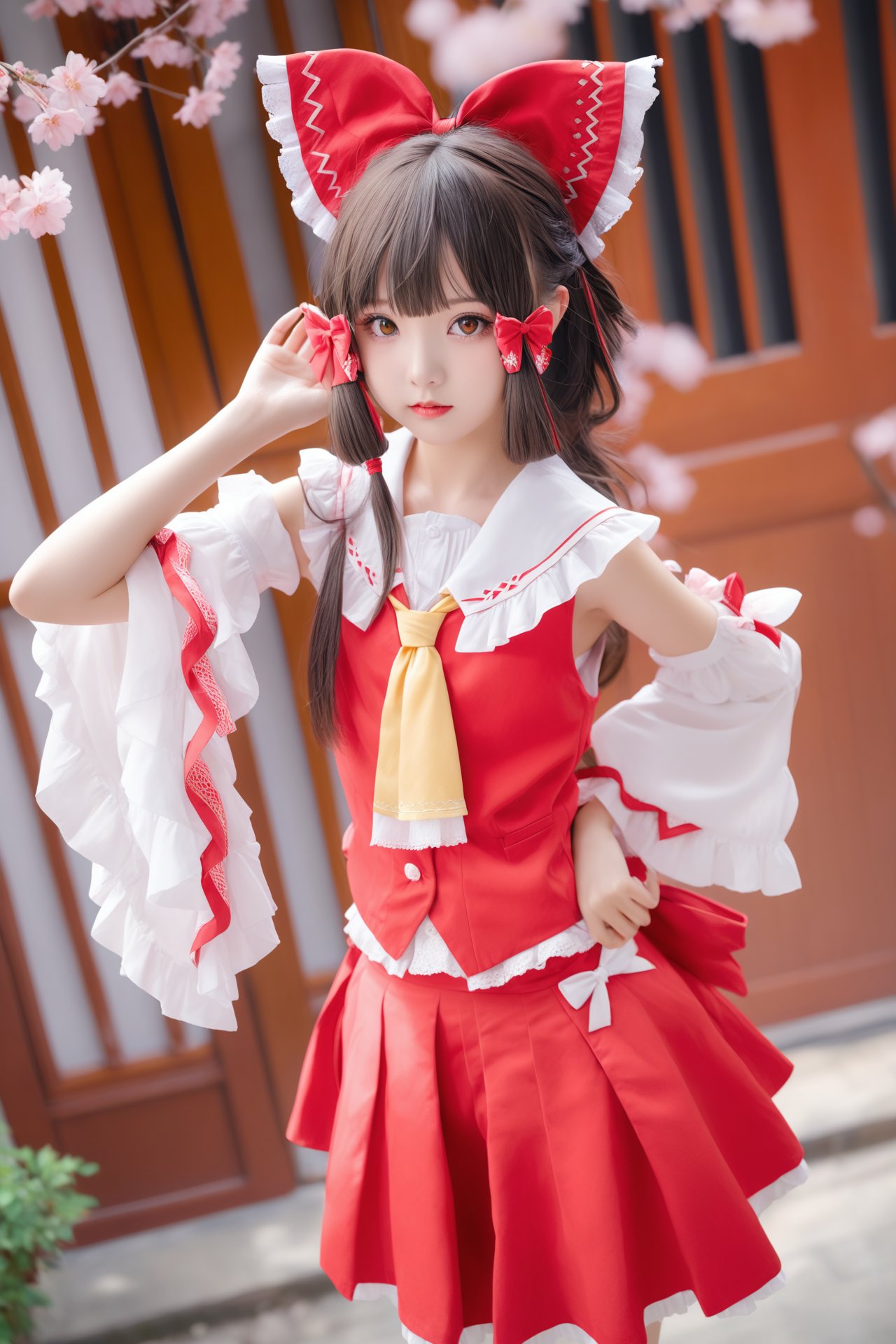 masterpiece,Realism,best quality,loli,1girl,hakurei reimu,bow,solo,hair bow,hair tubes,red bow,ascot,red skirt,detached sleeves,frills,hand on own hip,skirt,long hair,realistic,wide sleeves,brown hair,yellow ascot,blurry,frilled bow,frilled shirt collar,ribbon-trimmed sleeves,red lips,cherry blossoms,ribbon trim,shirt,lips,sidelocks,skirt set,parted lips,looking at viewer,makeup,sliding doors,red shirt,depth of field,hand up,indoors,red vest,brown eyes,sleeveless shirt,lipstick,blurry foreground,arm up,ponytail,flower,black hair,sleeveless,black eyes,dutch angle,long sleeves,ribbon,parody,cowboy shot,vest,