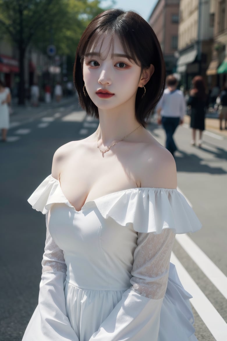 white dress, white layered dress, puffy sleeves, off shoulder, necklace, earrings, cleavage, ((upper body)), medium hair, medium breasts, perfect body, at the city street, looking at viewer, natural makeup, absurdres, masterpiece, (realistic), (hyperrealism), (photorealistic), <lora:makina69_haewon_v1.0:1>