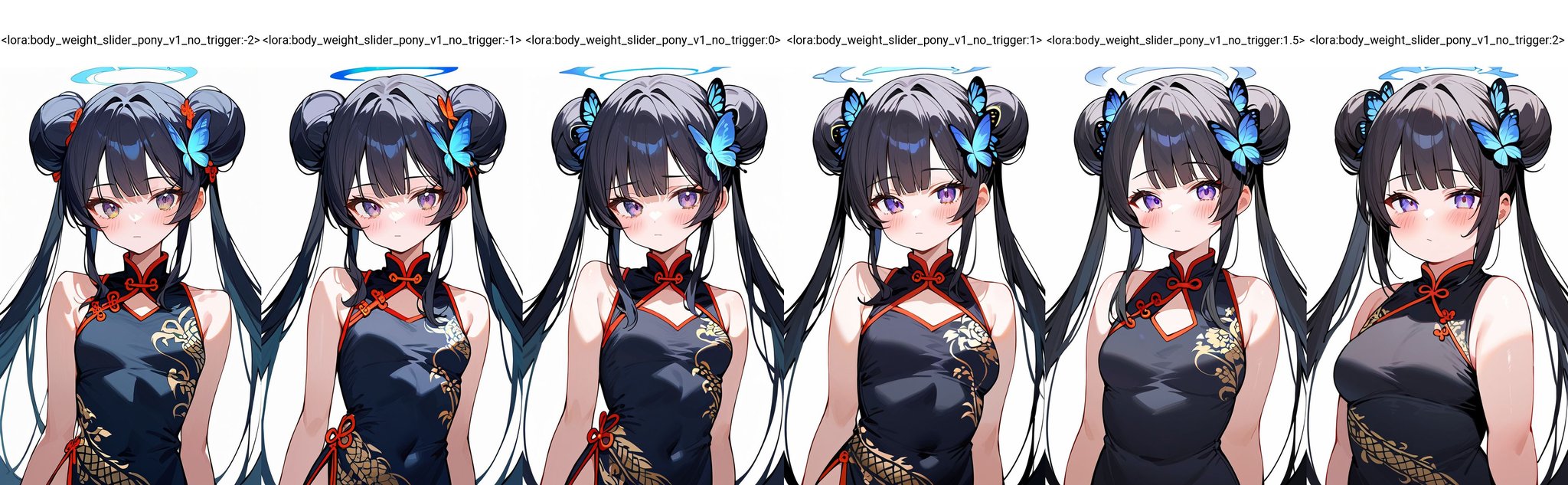 score_9,score_8_up,score_7_up, 1girl,long hair,looking at viewer,blush,bangs,simple background,black hair,hair ornament,white background,dress,bare shoulders,twintails,closed mouth,upper body,small breasts,sleeveless,hair bun,black dress,double bun,sleeveless dress,halo,chinese clothes,china dress,butterfly hair ornament<lora:body_weight_slider_pony_v1_no_trigger:-2>