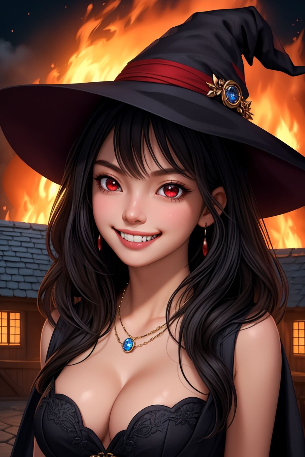 1girl, masterpiece, perfect body and face, cute and sexy, (grin mouth), red eyes, black hair, witch, (house on fire), looking at viewer, evil smile, upper body, detailed, detailed face, detailed skin, sparkling eyes, necklace, cleavage, hyperdetailed, 8k, complex