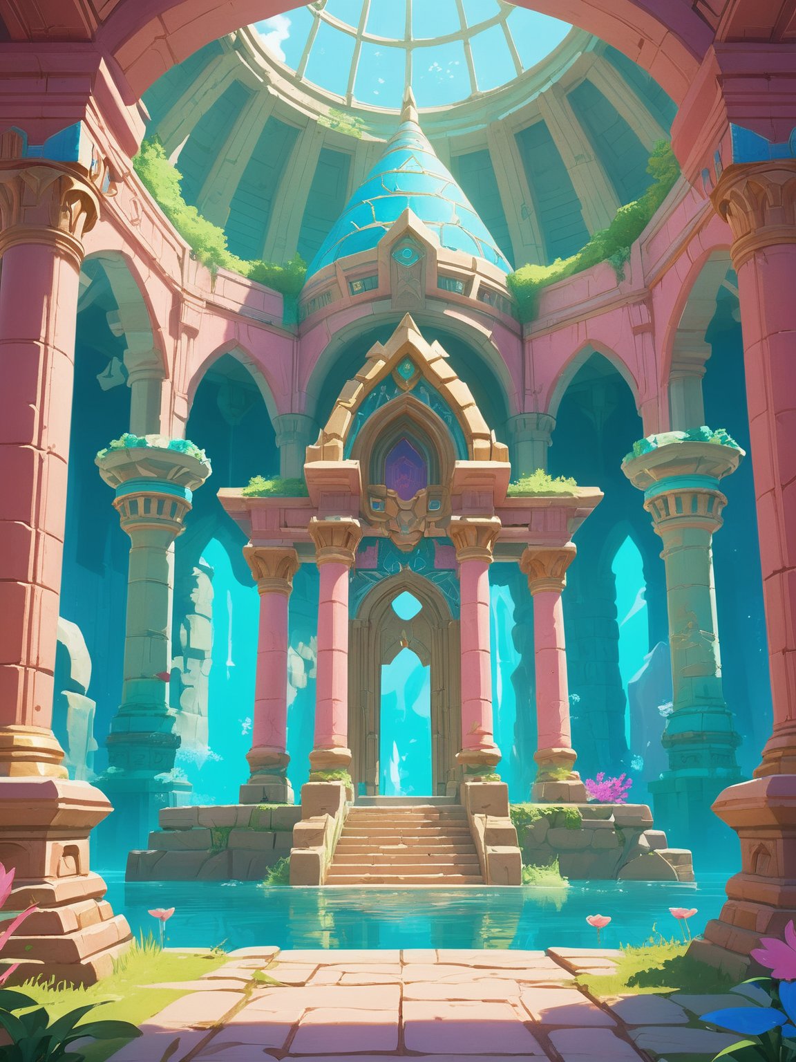 underwater temple, in the style of zelda breath of the wild, colorful pastel colors, inviting, expecting a hero, intricate details, beautiful architecture