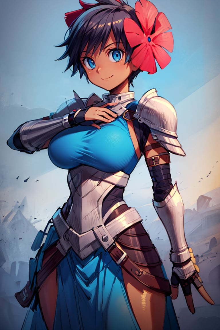 <lora:Bold_CAT:0.4>,  <lora:more_details:0.5>,  ((masterpiece, best quality)), <lora:Phoebe_Pokemon:0.8>, Phoebe_Pokemon,  blue eyes, hair flower, dark skin,  solo, smile, shiny metal, body armor, breastplate, fingerless gloves, shoulder armor, gauntlets cowboy shot,