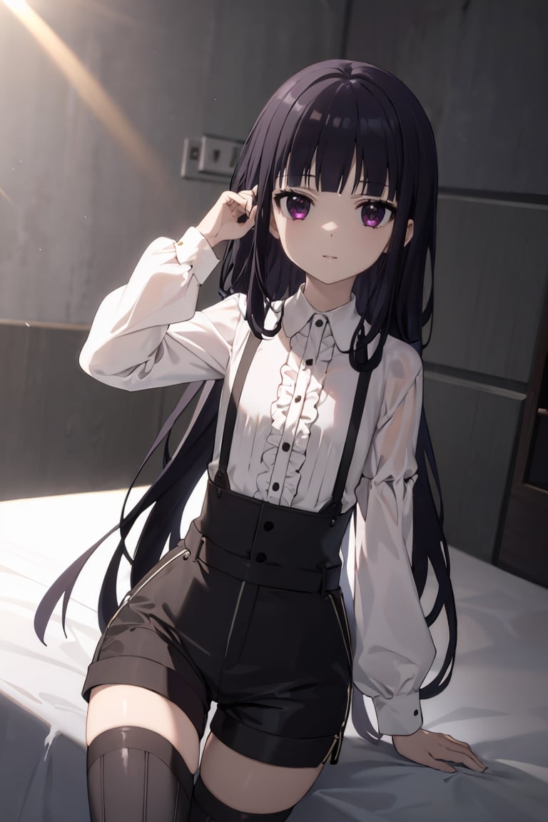 masterpiece, best quality, ultra-detailed, glistening shiny, glowing light, ray tracing, HDR, deph of field, (perfect face, detailed face),  <lora:ShirakiinRirichiyo:0.7>, ririchiyo, black hair, long hair, flat chest, white blouse, suspenders, black shorts, black thighhighs, vertical-striped thighhighsblack thighhighs,