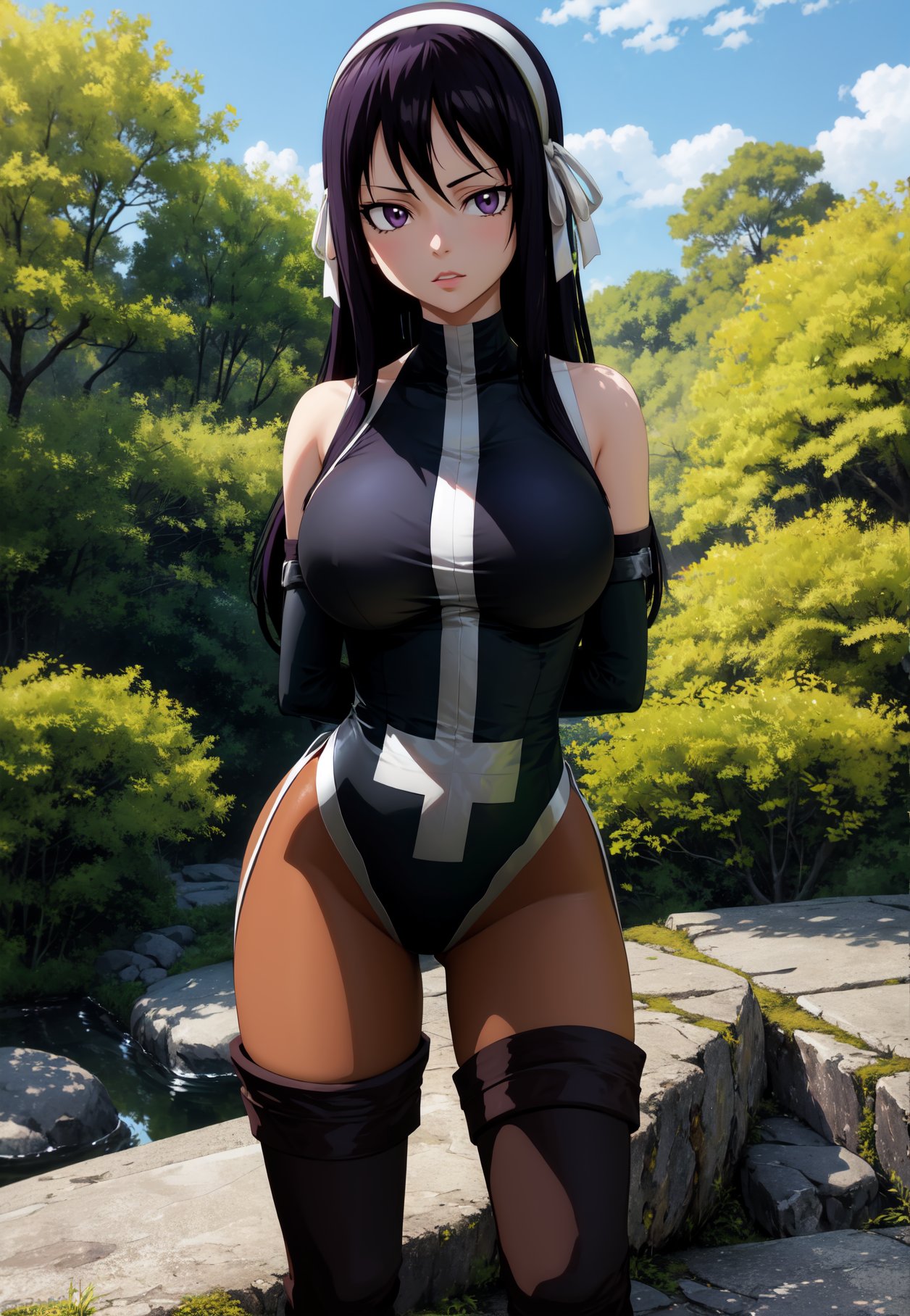 masterpiece, best quality, very aesthetic, ultra detailed, intricate details, 4k, anime style,MilkovichAi, 1girl, solo, black hair, purple eyes, hair ribbon, white hairband, hairband, long hair, breasts, large breasts,thighhighs, gloves, ribbon, pantyhose, boots, elbow gloves, leotard, thigh boots, ultear milkovich, fairy tail, sitting, upper body, looking at viewer, arms behind back, forest, outdoors, tree, sunlight, cloudy, <lora:Milkovich:1>