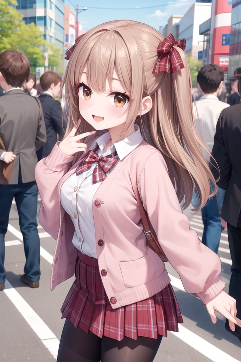 insanely detailed, absurdres, ultra-highres, ultra-detailed, best quality,1girl, solo, nice hands, perfect handsBREAK(School Uniforms:1.2), (pink cardigan is fit body:1.4), ((do up a buttons, not loose):1.5), ((long sleeve, sleeves past wrists):1.2), (inner wear is white collared-shirt:1.3), (red plaid-pattern bow:1.3), (red plaid-pattern pleated skirt:1.3), ((dark-brown pantyhose, loafers):1.2)BREAKhappy smile, laugh, open mouth, standing,from side,cute pose, cowboy shotBREAKslender, kawaii, perfect symmetrical face, ultra cute girl, ultra cute face, ultra detailed eyes, ultra detailed hair, ultra cute, ultra beautifulBREAKin harajuku, shibuya, tokyo, street, crowd, cityscapeBREAKmedium large breasts,(brown hair, brown eyes), hime cut