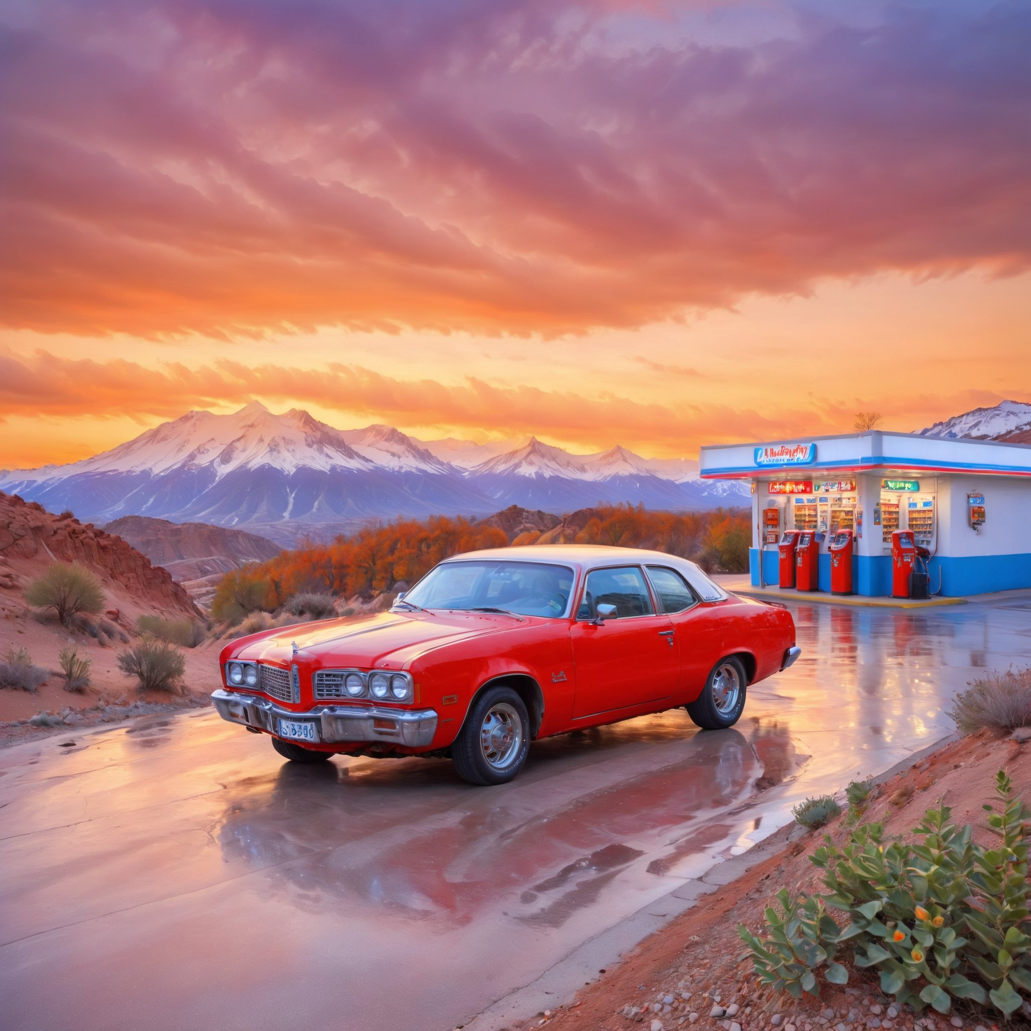 aw0k euphoric style, a car in a gas station   <lora:redstyle-000009:0.8>