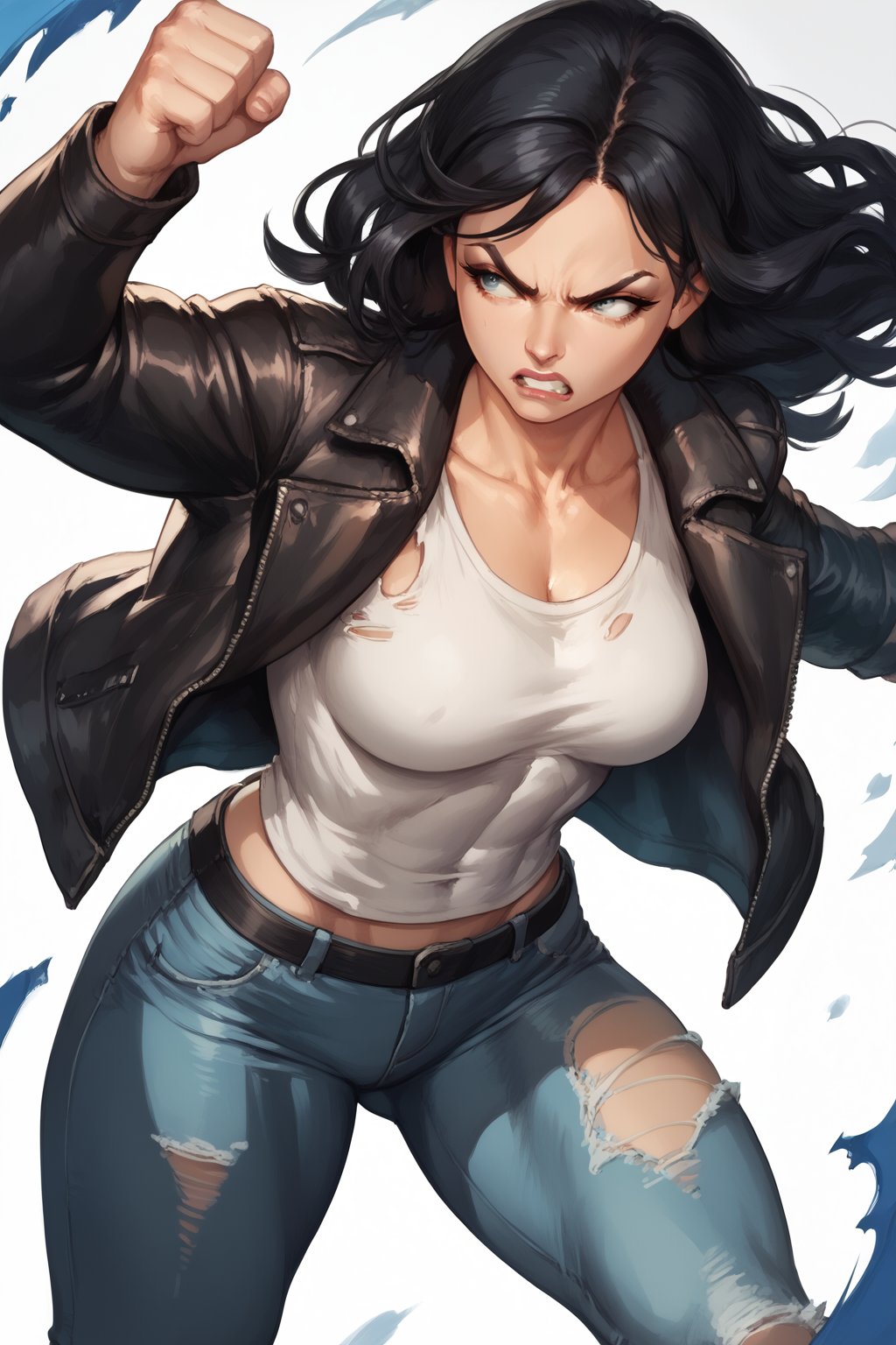 score_9, score_8_up, score_7_up, masterpiece, high quality, BREAK <lora:Jessica JonesPonyLoRA:0.9>JssjoJwl, long black hair, leather jacket, shirt, torn jeans, angry, punshing 1boy, fighting, fighting stance