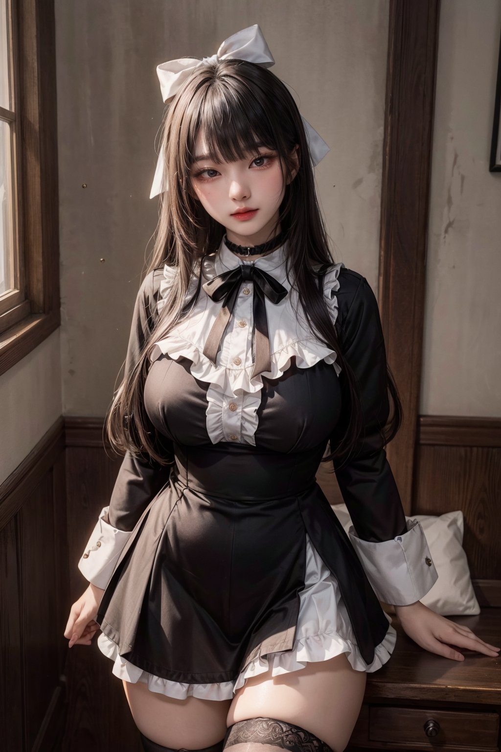 (best quality:1.3),ultra detailed,1girl,huge pelvis,(beautiful and aesthetic korean 25 years old),blunt bangs,hime cut,long hair,straight hair,sidelock,frills,collar,ribbon,hair_ribbon,long_sleeves,black knee high socks,thighhighs,choker,cowboy_shot,<lora:GoodHands-beta2:1>,black_dress,