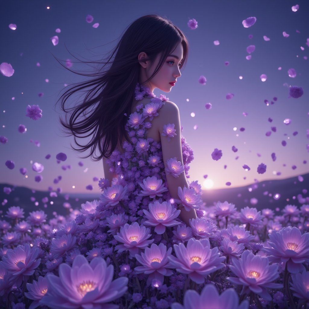 3D anime art, young woman on a hill covered in luminescent purple flowers, wind blowing through her hair, petals floating around, magical twilight setting, intricate details, glowing elements, vibrant and serene, high resolution <lora:极品超模V8_2.0:0.8>