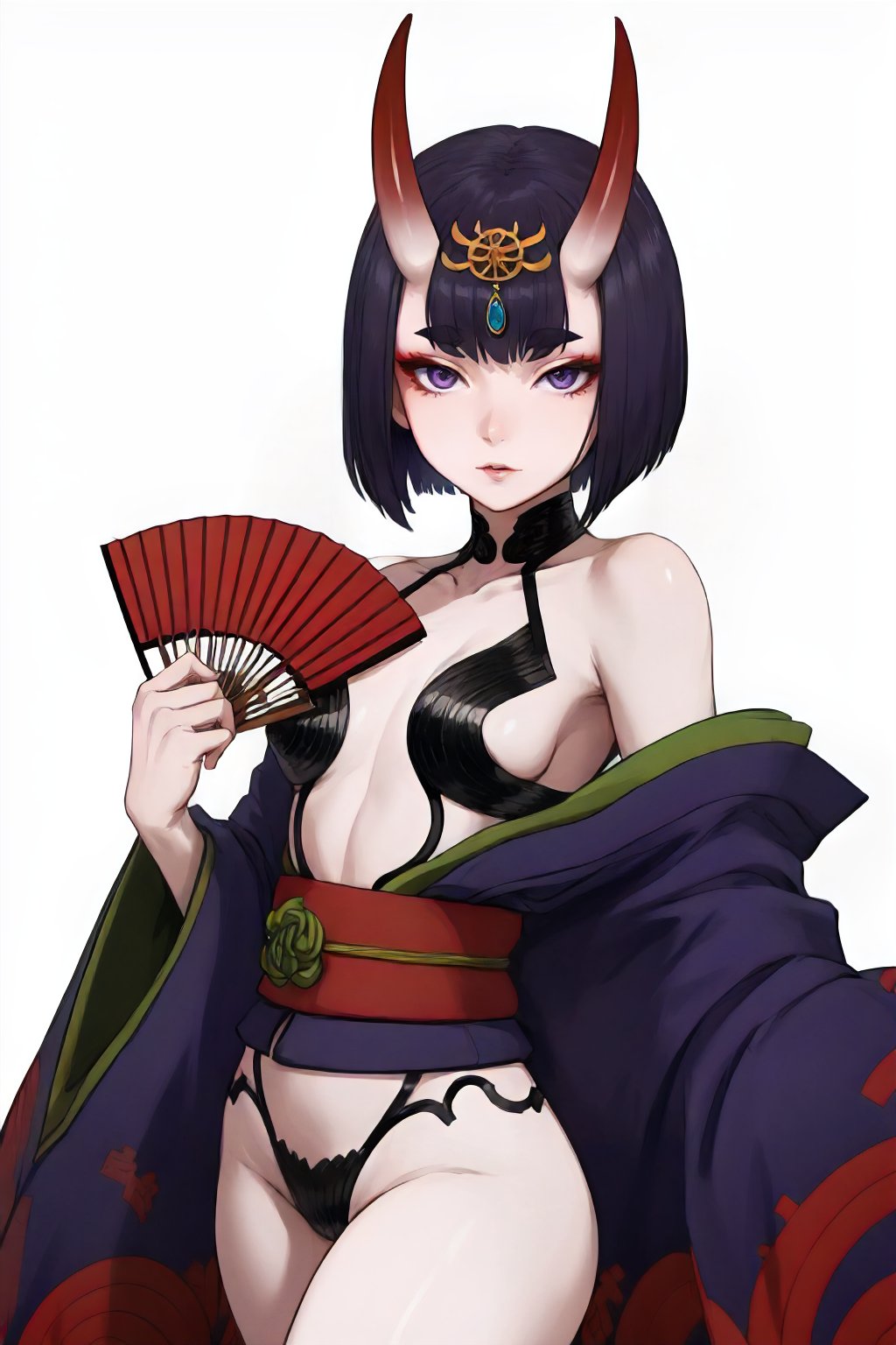 <lora:FGO_ShutenDoji-DEF:0.7> shuten, solo, oni horns, colored skin, off shoulder kimono, holding hand fan, jewelry, cowboy shot, white background, perfect, sharp, masterpiece, detailed, high resolution, best quality,