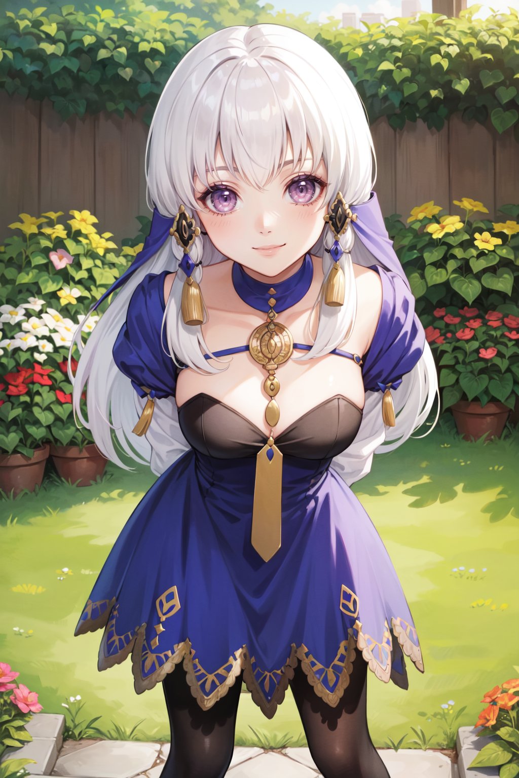 (best quality, ultra detailed), (detailed background:1.2), (perfect face, detailed face), looking at viewer, (mature female:1.4), smile<lora:lysithea_von_ordelia-10:1> lysithea_von_ordelia, long hair, long sleeves, dress, hair ornament, pantyhose, blue dress(outdoors, garden, standing, leaning forward, arms behind back, ) 