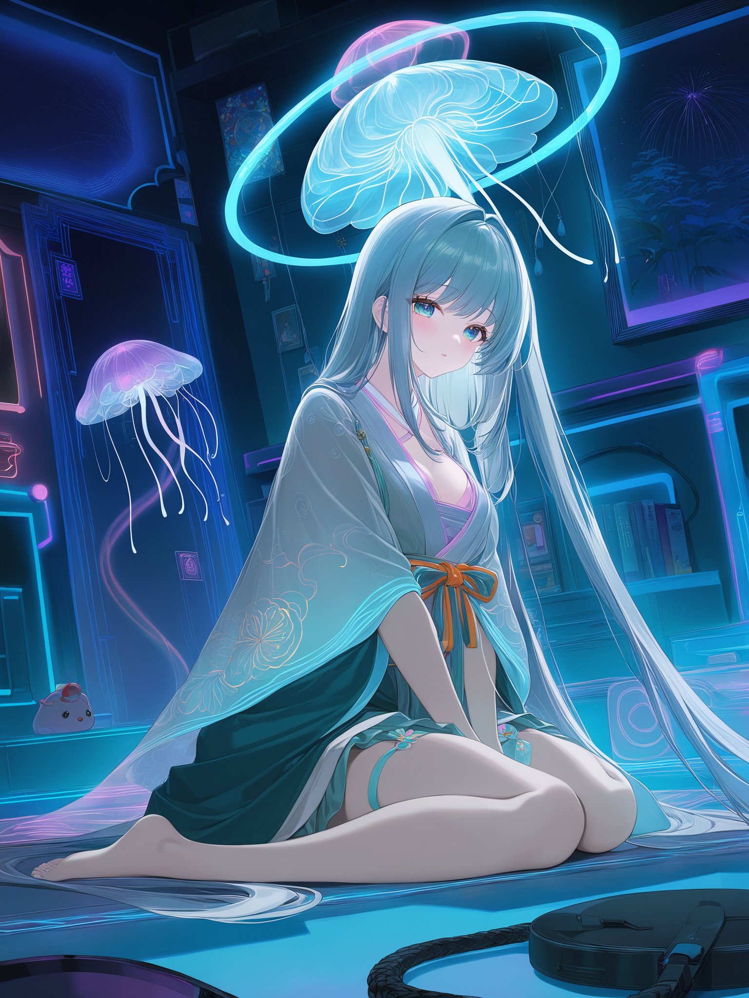 1masterpiece, best quality, <lora:Asyysa JR2-000016:1>1hanfu girl,glowing jellyfish neon light,sitting,wariza,(illustration),absurd-resolution,ultra-detailed,best quality,, masterpiece,best quality   ,  good structure,Good composition,good atomy  ,   clear, original,beautiful  ,