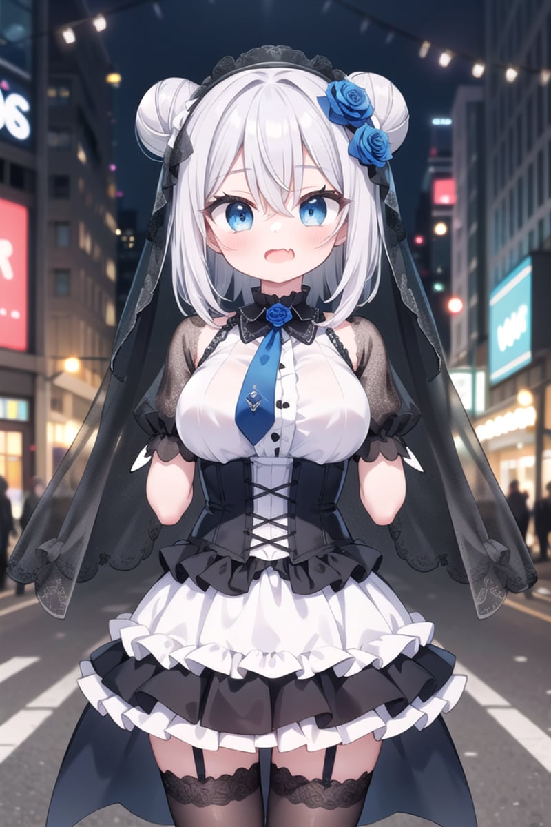 <lora:wavymouth_type7_v100:1>insanely detailed, absurdres, ultra-highres, ultra-detailed, best quality,1girl, solo, nice hands, perfect handsBREAK(fusion of black mourning-dress and black wedding dress:1.2), (gothic dress:1.3), (light-blue and black theme:1.3), ((black mourning-veil, black see-through wedding-veil):1.5), ((black latex corset, light-blue breast-cup):1.4), (short puff-sleeve:1.3), ((white collar, tie-bow):1.3), ((ruffle-skirt, multilayer-skirt):1.4), ((stockings, garter belt):1.3), (see-through long gloves:1.3), (blue rose decoration on head:1.3), (high heels:1.1), (cleavage:-1.5)BREAKsurprised, open mouth, fangBREAK,standing, cowboy shot, looking at viewerBREAKslender, kawaii, perfect symmetrical face, ultra cute girl, ultra cute face, ultra detailed eyes, ultra detailed hair, ultra cute, ultra beautifulBREAKin street, cityscape in shibuya, depth of field, ultra detailed backgroundBREAKlarge breastsBREAKgrey hair, blue eyes, bun, hair between eyes