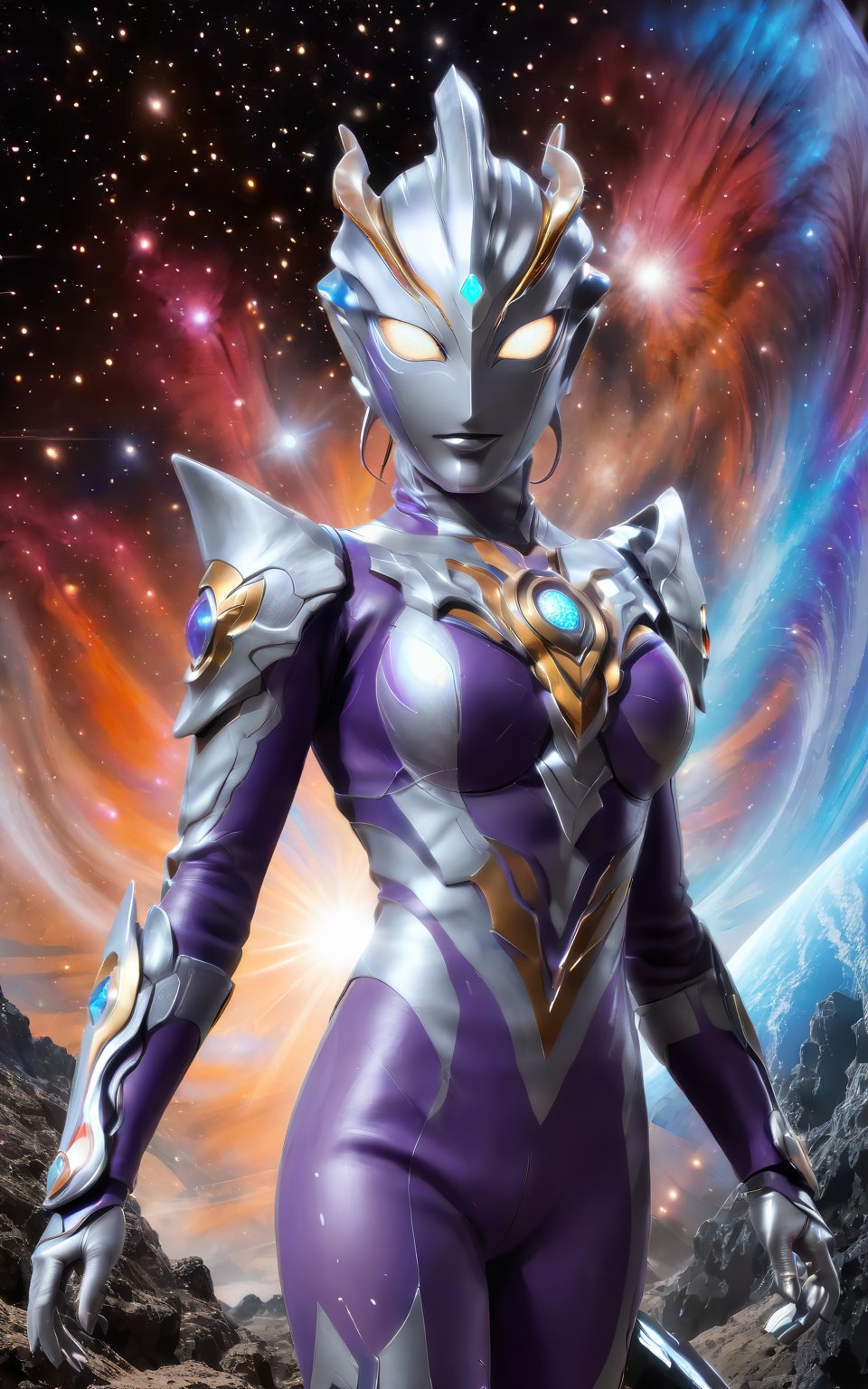 female Ultraman,Essence of the Cosmos,Defender of Justice,Radiant Form,Stellar Eyes,Silver Halo,Cosmic Armor,Cosmic Manipulation,Interstellar Travel,Telepathy,Compassionate Warrior,Unwavering Justice,Cosmic Odyssey,Battles and Triumphs.,