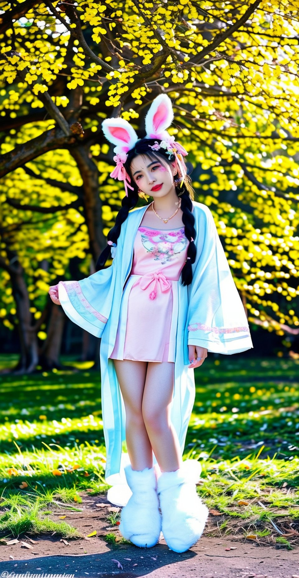 (full body),(from front:1.2),photo of (a 18 year-old cute Chinese woman:1.2) wearing Detailed embroidered (see-through) (Hanfu:1.2) from r/nakedhanfu,(best aesthetic:1.2) and (best quality:1.2) and (photorealistic:1.4) and (Realistic:1.4) and Detailed Skin Textures and detailed skin pores and high skin detail,poes,see-through long sleeves and see-through wide sleeves,(standing and legs spread),<lora:naked hanfuV1:0.7>, <lora:LCM_LoRA_Weights_SD15加速器:0.7>,hair bun and single braid,(Detailed facial features),Look at the audience and Seducing the audience and smiling,makeup,red lips,(looking at viewer and facing viewer) (wearing Detailed hair ornament and Detailed beads,Detailed hair flower,wearing Detailed jewelry,earrings,necklace,(facial mark:1.2),(forehead mark:1.2),(animal ears, fake bunny ears),hair ribbon,flowers,Sexy thighs are visible,legs,wearing chinese shoes,<lyco:film grainV3:0.4>  <lora:detail_slider_v4-增加細節:1>,<lora:增加真實感epiCRealLife:1> Park background, forest, natural light, sunlight