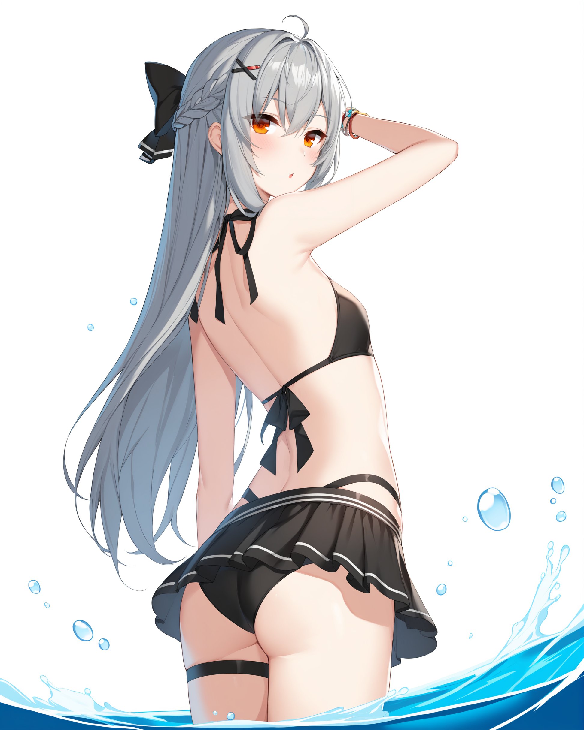 closers,(((tina_\(closers\)))),<lora:closers-000003:1>,(masterpiece),(bestquality),1girl,long hair,swimsuit,solo,ass,food,fruit,bikini,looking at viewer,black bikini,nail polish,holding,white background,water,wading,holding food,thighs,bangs,bare shoulders,simple background,eyebrows visible through hair,bare arms,arm up,grey hair,small breasts,bow,orange eyes,breasts,hair bow,braid,from side,very long hair,parted lips,standing,silver hair,looking back,cowboy shot,thigh strap,hair between eyes,hair ornament,brown eyes,frills,sidelocks,black bow,ribbon,hand up,from behind,hair ribbon,floating hair,back,looking to the side,jewelry,flat chest,black ribbon,red nails,alternate costume,twitter username,watermark,arched back,artist name,leaning forward,splashing,blush,wristband,half updo,open mouth,outdoors,:o,french braid,halterneck,fingernails,bracelet,multicolored,expressionless,water drop,hairclip,skirt,black skirt,bare legs,