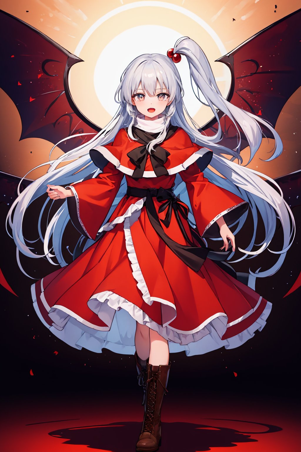 masterpiece,best quality, highly detailed, 1girl,boots,brown footwear,cross-laced footwear,full body,hair bobbles,long sleeves,looking at viewer,red dress,shinki (touhou),solo,d,open mouth,red capelet,wide sleeves,demon wings,turtleneck,white pupils,<lora:shinki_(touhou):1>