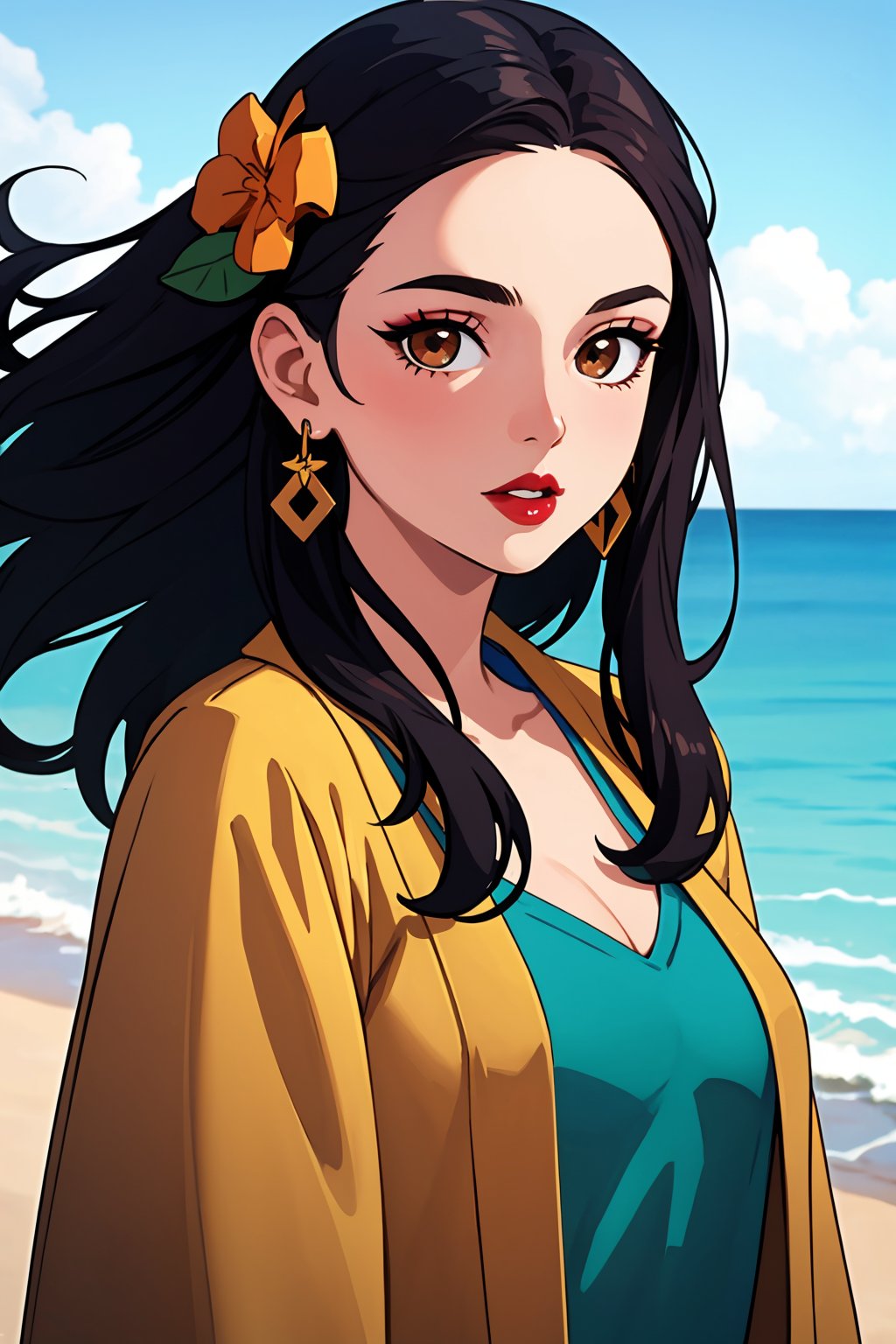 (best quality:1.4),(masterpiece:1.4),(8K:1.4),(extremely detailed:1.4),1girl,solo,brown eyes,(upper body:1.2),looking at viewer,long hair,black hair,red lips,hair ornament,hair behind ear,makeup,earrings,sea,beach,wind,