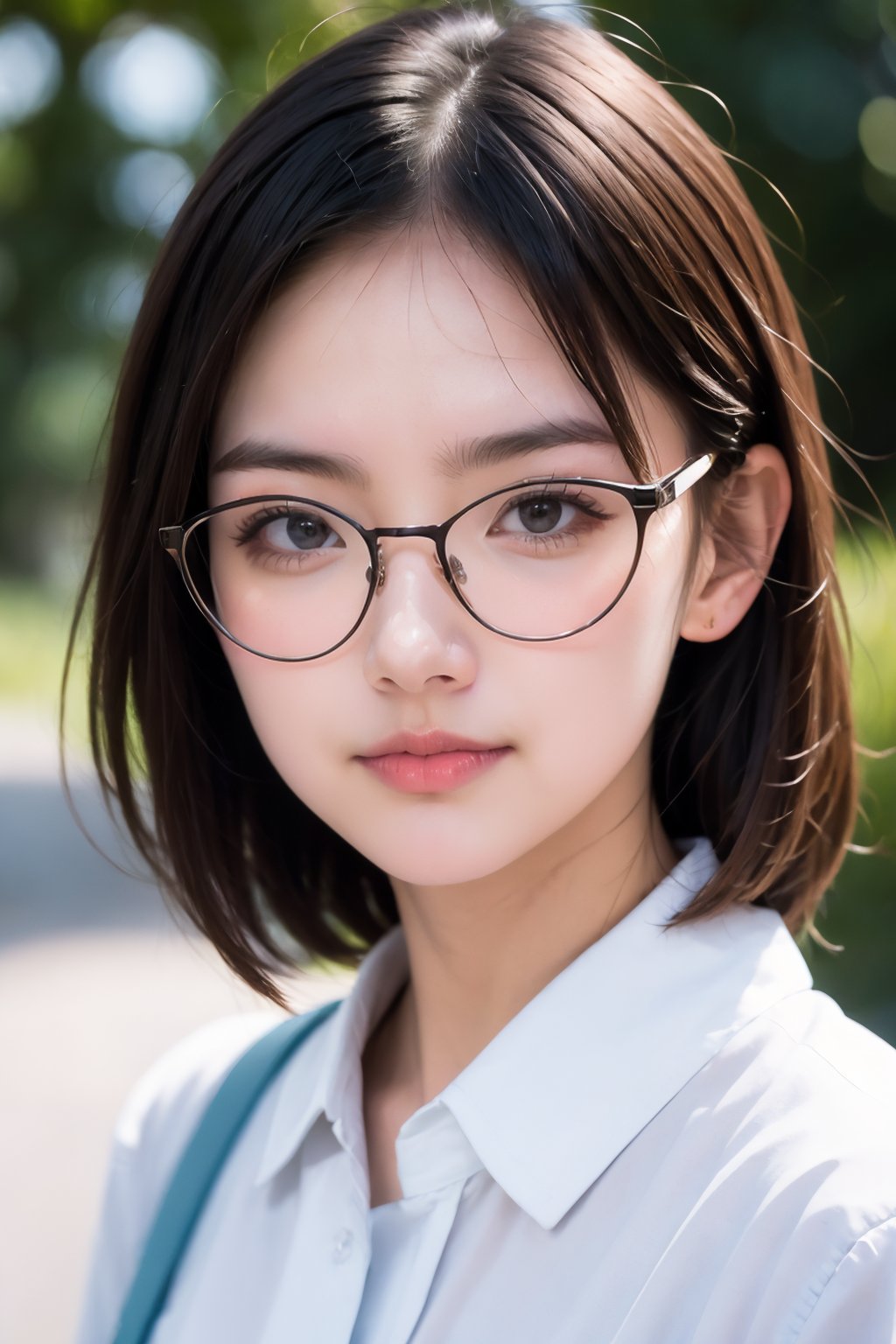 1girl, solo, white shirt, portrait, glasses, looking sideways