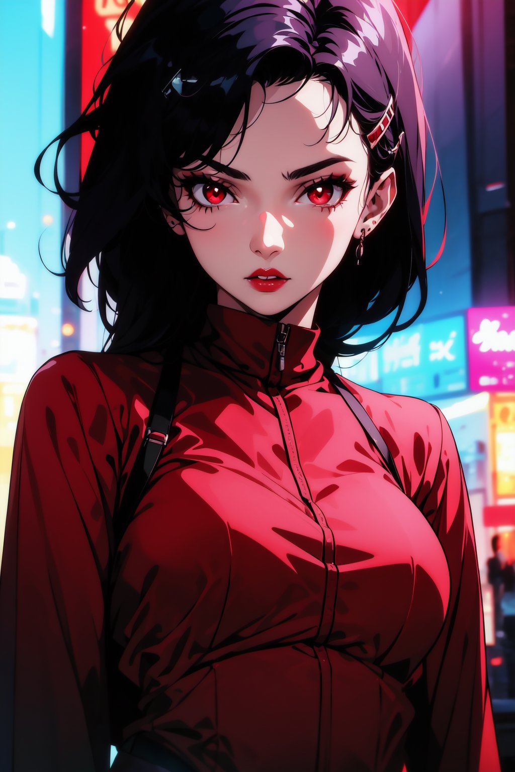 1girl, black hair, long hair, bznoir, perfect figure, matured woman, (high quality, masterpiece:1.2), hair clip, red eyes, shiny lips, red theme, glowing, glowing eyes, (upper body)<lora:EMS-323506-EMS:1.200000>