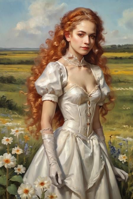 score_9, score_8_up, score_7_up, oil painting, traditional media, realistic, 1girl, solo, long hair, curly hair, wavy hair, orange hair, orange eyes, looking at viewer, breasts, dress, white dress, puffy sleeves, puffy short sleeves, short sleeves, gloves, elbow gloves, white gloves, cowboy shot, closed mouth, standing, outdoors, field, flower, grass, plant, sky <lora:Oil Painting Sharp Style LoRA_Pony XL v6:1>