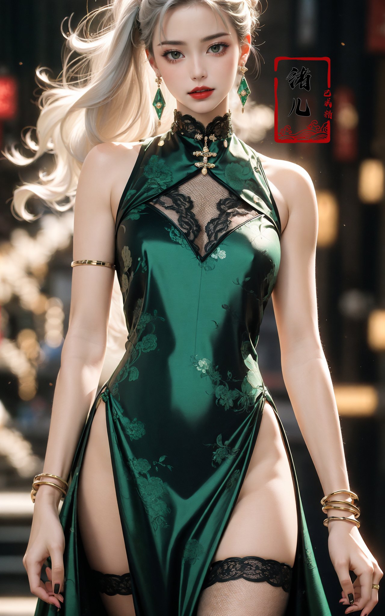 Black background,Fashion，nail polish，lace trim，gradient，contrapposto，emerald green long dress，lace，red lips， (full body:0.7), fishnets，white hair，<lora:绪儿-设计感旗袍 Fashion cheongsam:0.7>