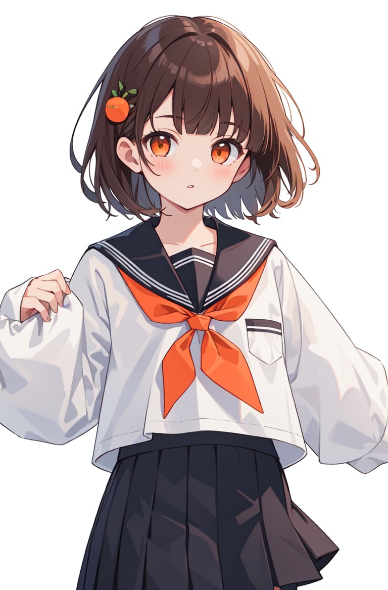 solo, 1girl, sleeves past wrists, school uniform, sleeves past fingers, skirt, simple background, bangs, hair ornament, serafuku, white background, short hair, parted lips, pleated skirt, long sleeves, muted color, neckerchief, brown hair, sailor collar, black skirt, blunt bangs, cowboy shot, orange eyes, black sailor collar, looking at viewer, masterpiece, best quality,