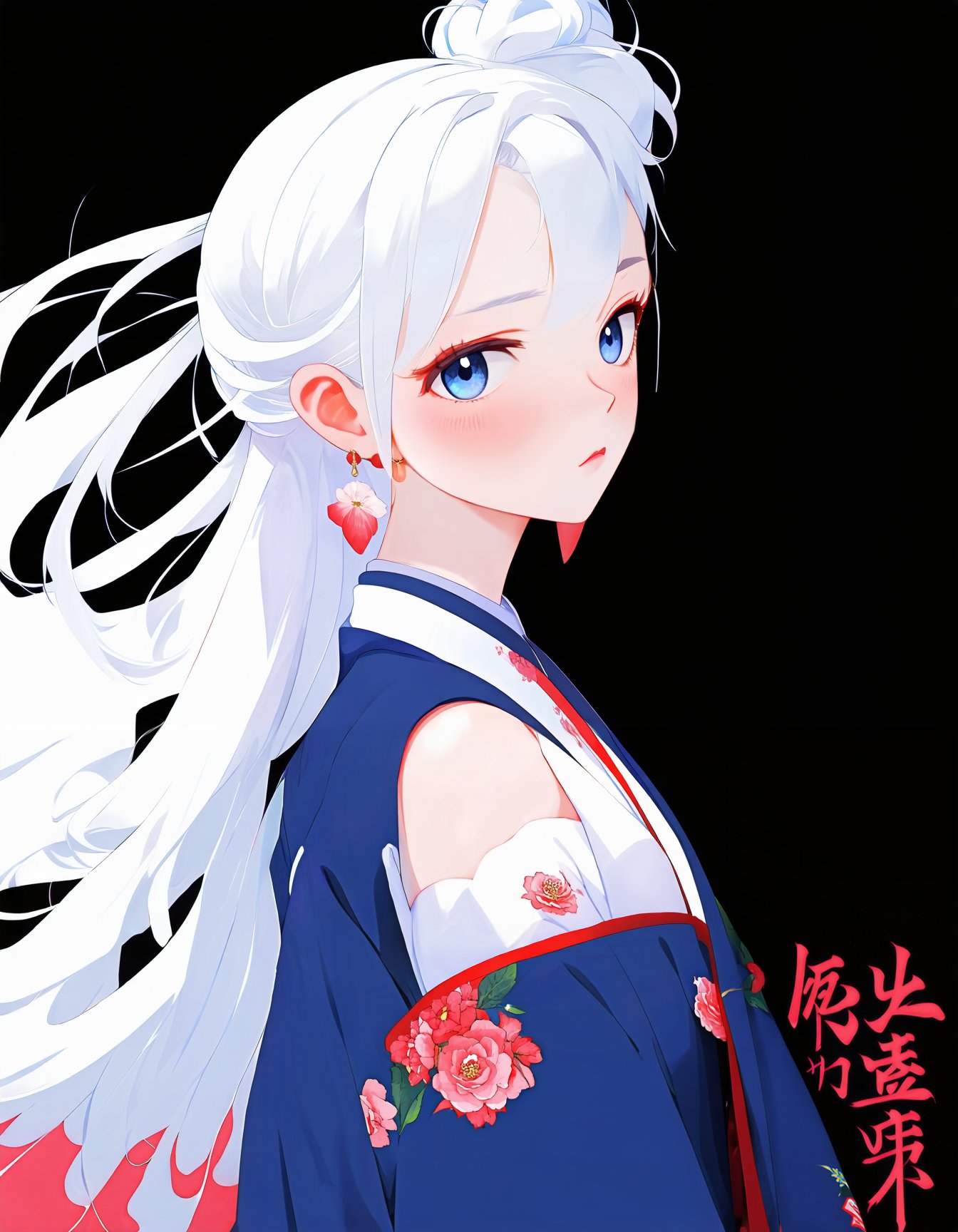 anime style, anime girl,blue eyes,jewelry,closed mouth,upper body,white hair,earrings,japanese clothes,kimono,hair bun,from side,profile,makeup,single hair bun,black background,blue kimono,red lips