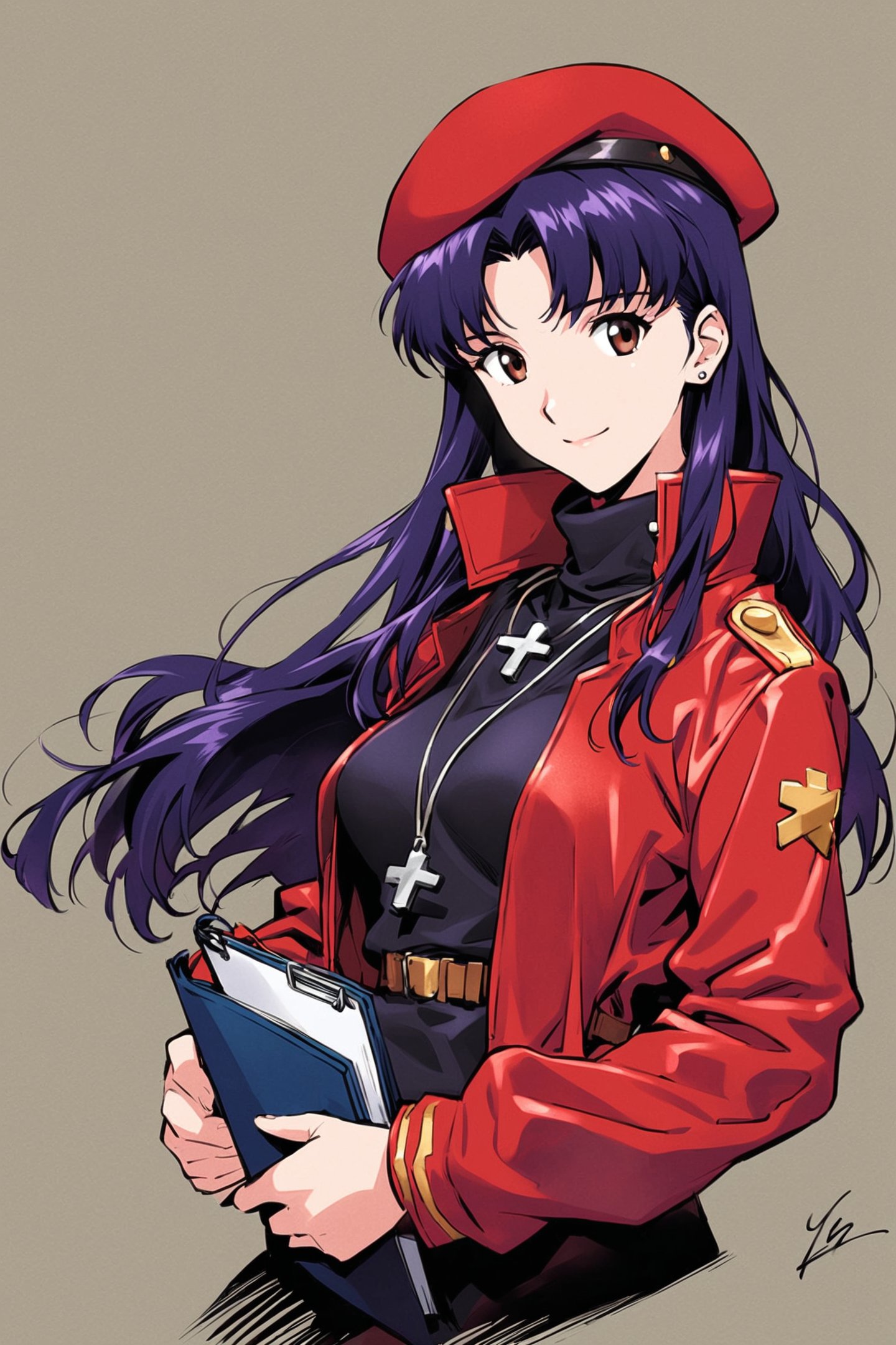 katsuragi misato,1girl,jewelry,hat,jacket,red jacket,turtleneck,long sleeves,holding,open clothes,open jacket,long hair,smile,bangs,necklace,breasts,signature,purple hair,upper body,closed mouth,parted bangs,white background,solo,earrings,cross,stud earrings,black shirt,beret,brown eyes,uniform,red headwear,cross necklace,shadow,looking at viewer,zipper,belt,simple background,looking to the side,military,medium breasts,military uniform,light smile,small breasts,pendant,clipboard,zipper pull tab,holding book,cropped torso,silhouette,<lora:Sadamoto Yoshiyuki_XL_V3:0.8>,