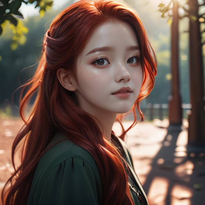 (realistic:1.8), masterpiece, extremely intricate, highest quality, portrait of ((cute girl)),red hair color, long hair,outdoors, day, sunlight, raw photo, realistic, cinematic light<lora:EMS-371618-EMS:0.800000>