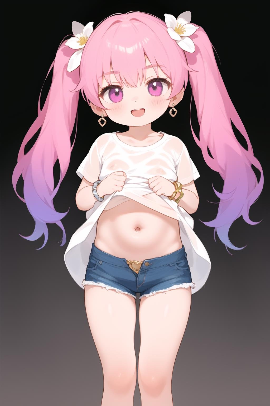 1girl, clothes lift, jewelry, gradient, navel, gradient background, bracelet, solo, breasts, looking at viewer, lifted by self, long hair, open mouth, earrings, hair ornament, smile, pink hair, shirt, skirt lift, hair flower, standing, full body, bangle, shirt lift, bangs, shorts, anklet, blush, twintails, thighs, white shirt, ass visible through thighs, short sleeves, eyebrows visible through hair, see-through, midriff, collarbone, rating:questionable, thigh gap