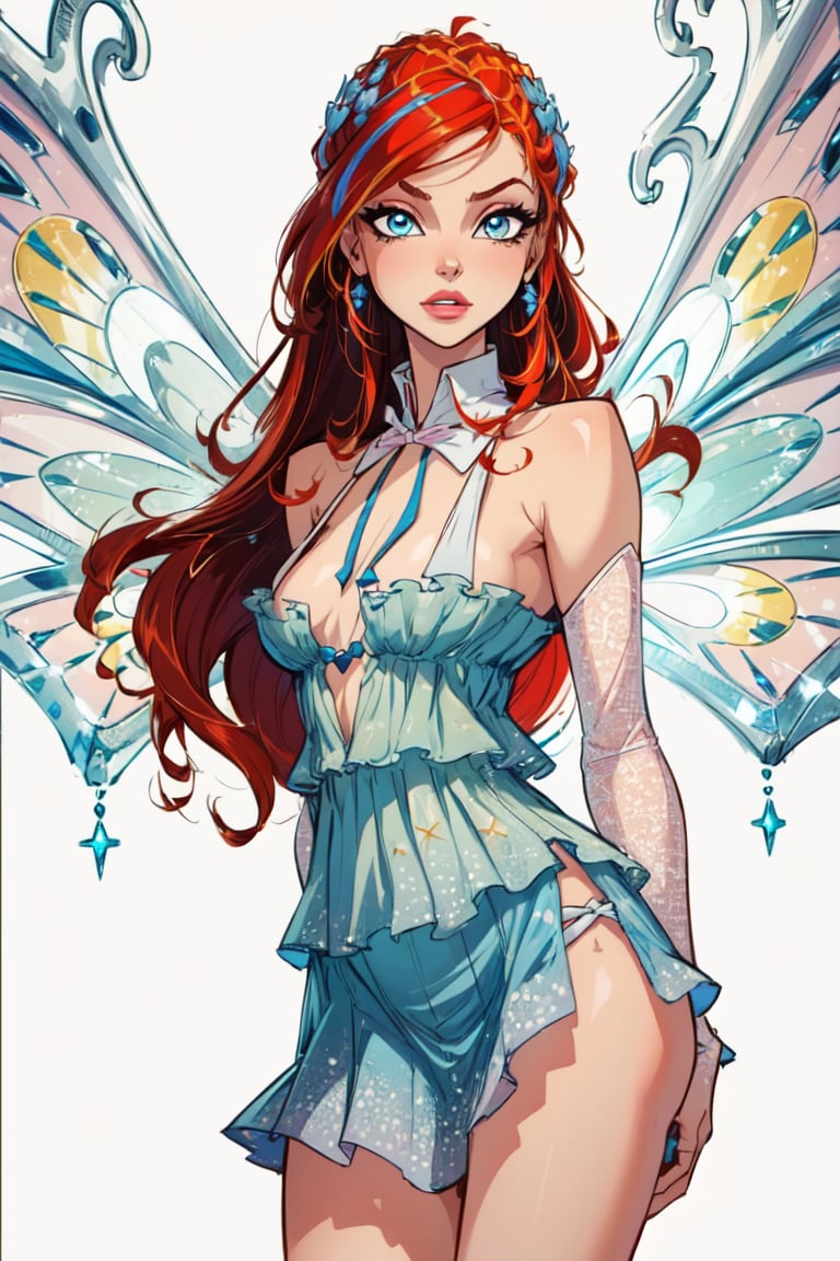 (Bloom:1.2), dress, fairy wings, red hair, blue eyes, sparkling outfit, (white background, solid white background:1.5), (realistic:1.2), (masterpiece:1.2), (full-body-shot:1),(Cowboy-shot:1.2), neon lighting, dark romantic lighting, (highly detailed:1.2),(detailed face:1.2), (gradients), colorful, detailed eyes,, (natural lighting:1.2), solo  <lora:WinxClubEnchantixBloom-10:0.8> <lora:add_detail:0.3> <lora:BeautifulEyes:0.6>