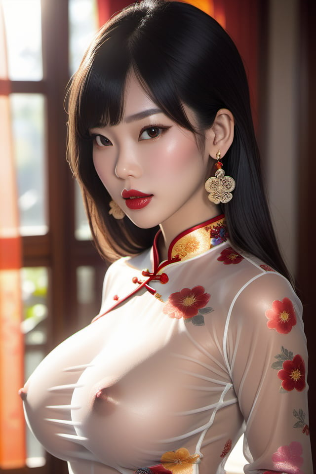 extremely high quality,1girl,looking at viewer,see-through,print_cheongsam,bangs,large breasts,black hair,long sleeves,brown eyes,jewelry,medium breasts,closed mouth,nipples,upper body,earrings,parted lips,day,blurry,covered nipples,blurry background,floral print,sunlight,curtains,backlighting,realistic,red lips,<lora:lbc_ST_print_cheongsam_XL:0.8>,