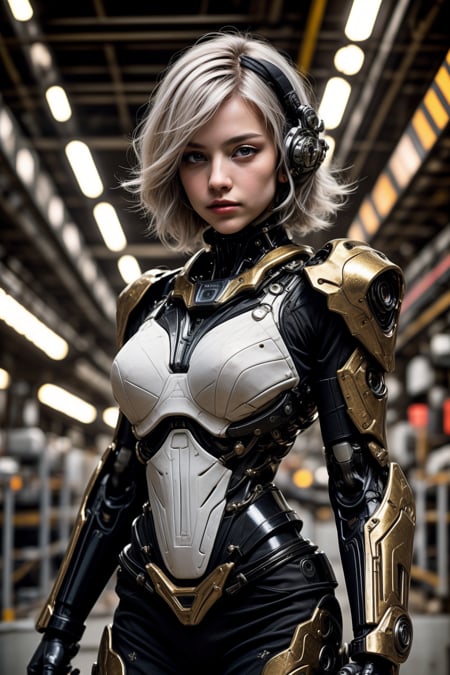 cgmech, , beautiful eyes, upper body, underboob, portrait, robot,white orange armor, white shimmering hair, neon light, 8K, RAW, best quality, masterpiece, ultra high res, colorful, (medium wide shot), (dynamic perspective), sharp focus , (depth of field, bokeh:1.3), extremely detailed eyes and face, beautiful detailed eyes,large breasts,(black gold, trimmed gear:1.2),(In a futuristic weapons factory:1.2), ((masterpiece, best quality)), <lora:more_details:0.3> Detailed background, spaceship interior <lora:menpo_offset:0.2> <lora:Niji:0.6> 