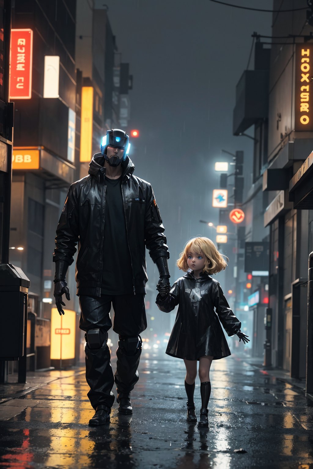 A large robotic male android holding hands with a little girl with blonde hair girl and wearing rags walking down the street in a dystopian cyberpunk in the rain at night