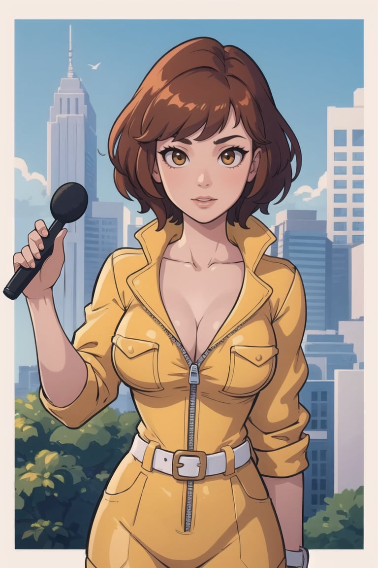 upper body,  masterpiece, best quality, high quality, highres, outdoors, day,  looking at viewer, solo, focused, BREAK, CARTOON_April_ONeil_TMNT_ownwaifu, 1girl, brown hair, short hair, breasts, brown eyes, large breasts, lips, makeup, collarbone, lipstick, cleavage, sleeves rolled up, yellow jumpsuit, watch, unzipped, zipper, white belt,<lora:CARTOON_April_ONeil_TMNT_ownwaifu:1> 