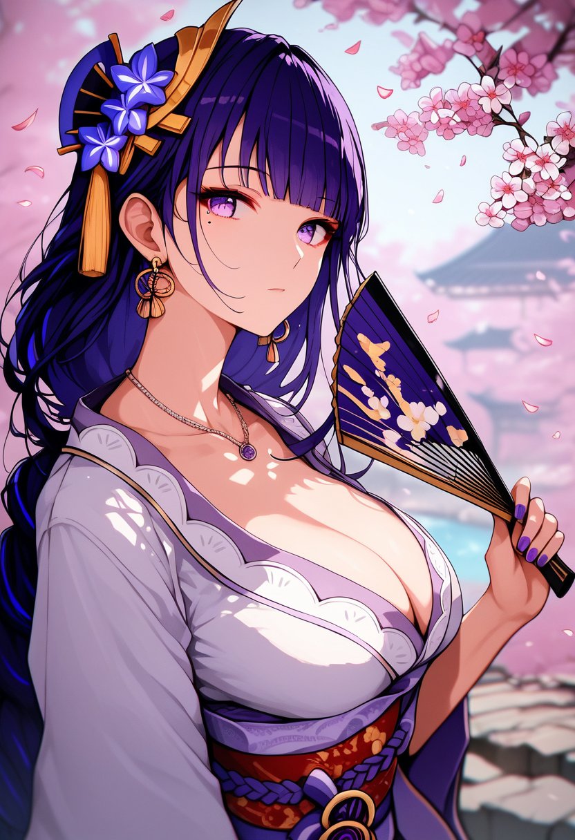 score_9, score_8_up, score_7_up, score_6_up, source_anime, <lora:BLE 0.1v:1>, BLE,1girl, hair ornament, solo, purple eyes, jewelry, purple hair, earrings, holding, huge breasts, cleavage,  purple nails, raiden shogun, long hair, looking at viewer, hand fan, bangs, holding fan, upper body, butterfly, flower, bug, hair flower, blurry, petals, nail polish, folding fan, falling petals, blunt bangs, blurry background, chinese clothes, hair stick, hairpin, eyelashes, from side, collarbone, necklace, sideways glance, makeup, mole