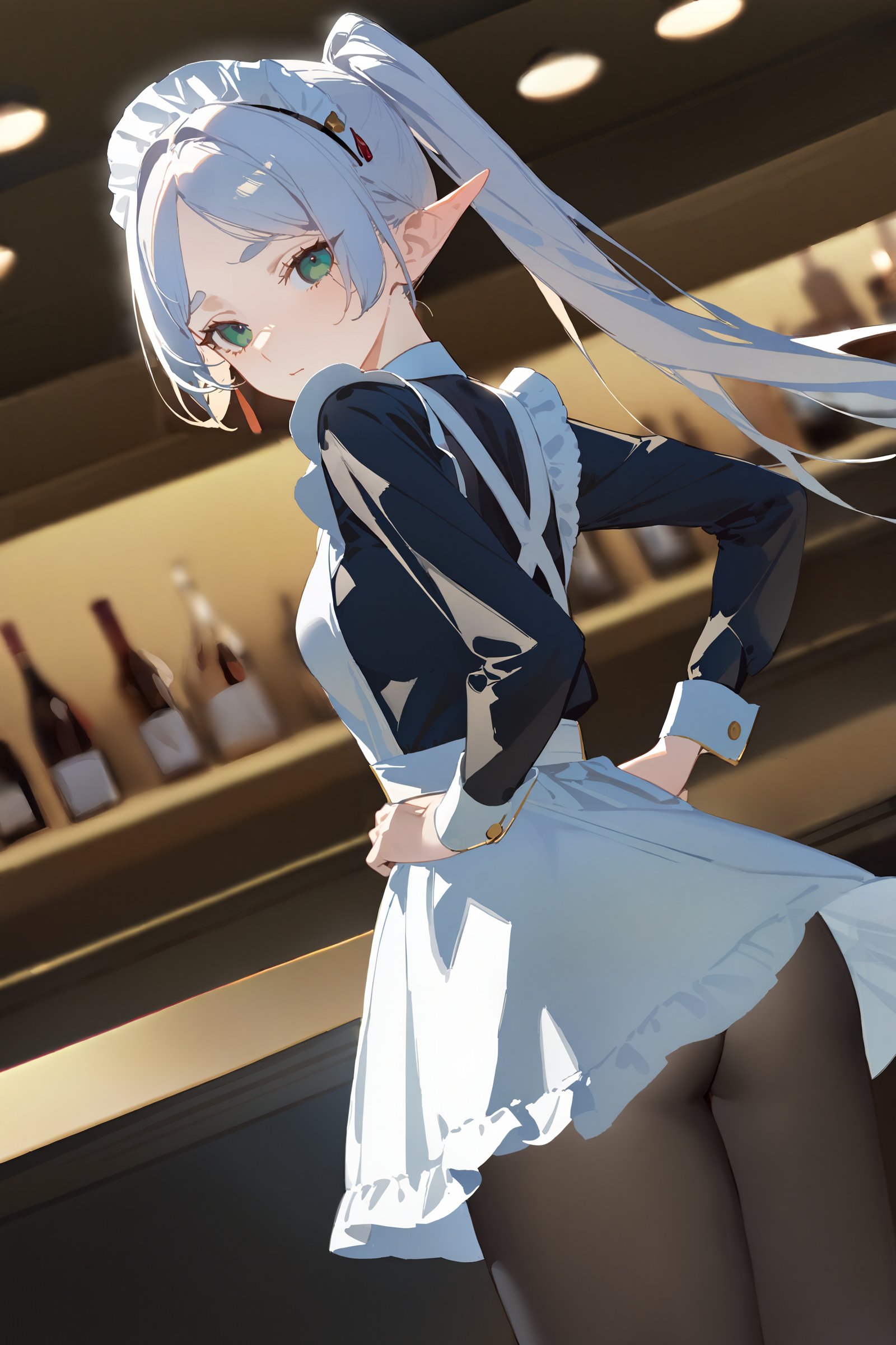 masterpiece, best quality, very aesthetic, ray tracing, newest, (hitenkei, askzy:0.4),1girl, frieren, twintails, solo, maid, maid headdress, maid apron, shy, pantyhose, hands on hips, looking at viewer, cowboy shot, bar \(place\), indoors, depth of field <lora:quality1:0:hr=2>,  <lora:Char-Frieren-XL-V1:0.9>