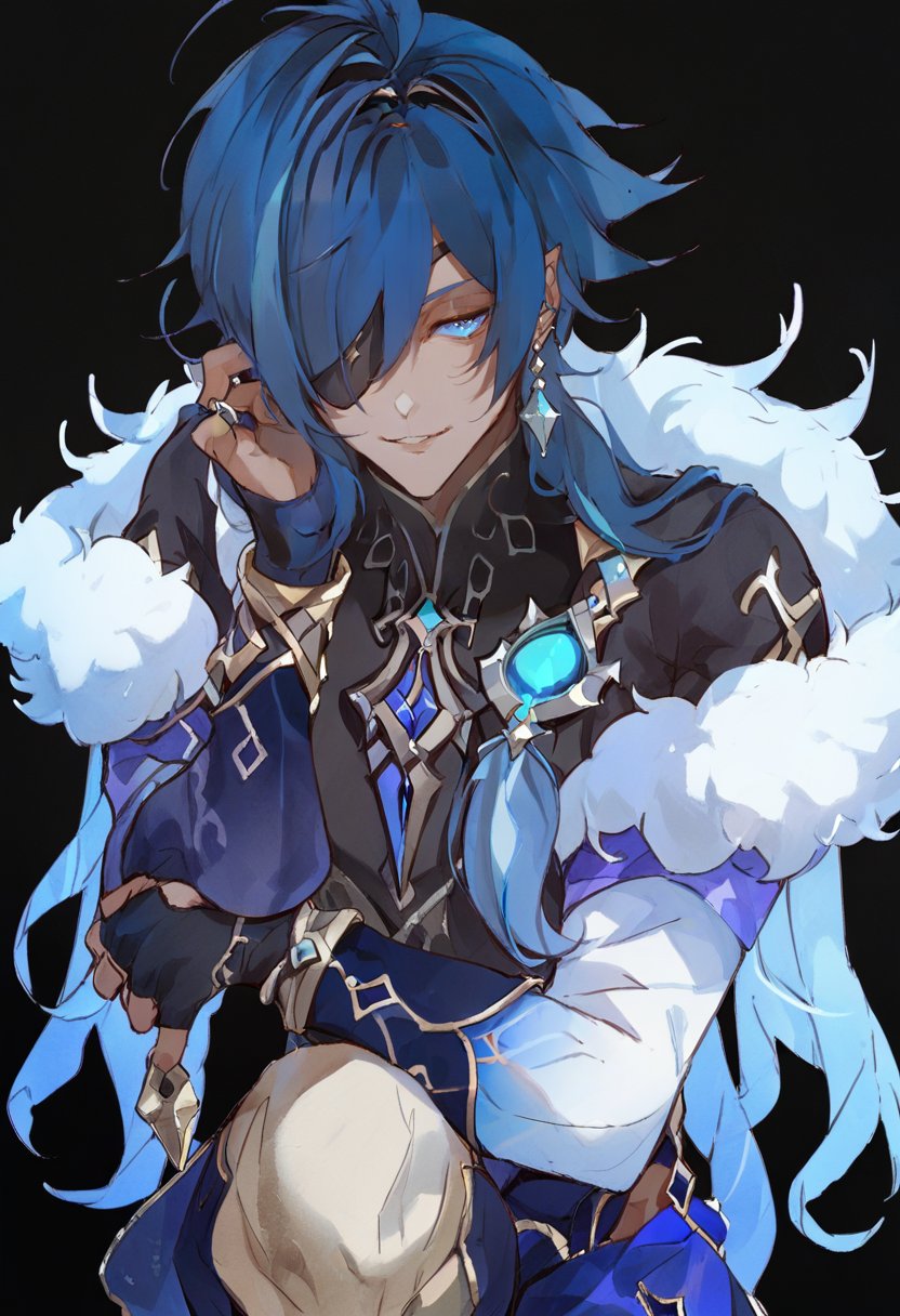 score_9, score_8_up, score_7_up, score_6_up, <lora:KuroshiroXL_P6_lokr_V53P1:0.95>  kaeya \(genshin impact\), blue hair, male focus, solo, 1boy, long hair, jewelry, dark skin, dark-skinned male, black background, eyepatch, bangs, earrings, simple background, gloves, black gloves, blue eyes, pants, long sleeves, fingerless gloves, looking at viewer, multicolored hair, single earring, antenna hair, parted lips, hair between eyes, fur trim, smile, one eye covered, vision \(genshin impact\)