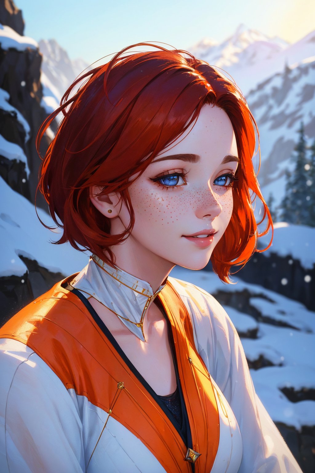 close-up portrait of beautiful smiling woman with freckles, snow-covered mountain, full body, 16mm, 35mm, vivid colors, high quality, white balance, kodak film, high detail, portrait of woman by Flora Borsi, style by Flora Borsi, bold, bright colours, orange Mohawk haircut, ((Flora Borsi)), (sharp focus:1.2), portrait, ((posing)), (beautiful face:1.1), detailed eyes, luscious lips, ((skindentation)), (bright studio lighting:1.2), depth of field, bokeh, 4K, HDR. by (James C. Christensen:1.2|Jeremy Lipking:1.1)