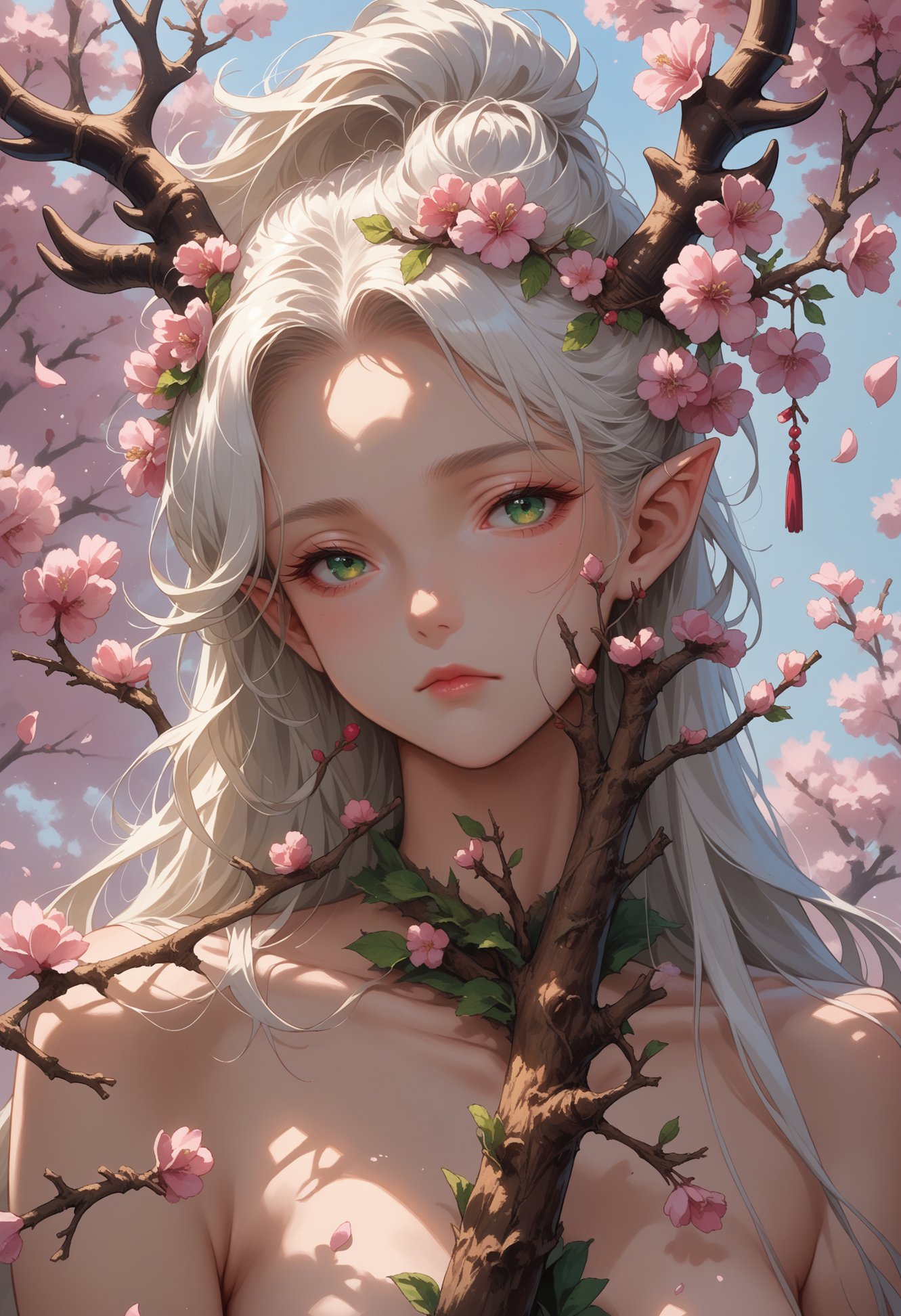 score_9, score_8_up, score_7_up, source_anime, 1girl, solo, long hair, closed mouth, green eyes, upper body, white hair, flower, nude, horns, pointy ears, fingernails, petals, cherry blossoms, branch, antlers, 