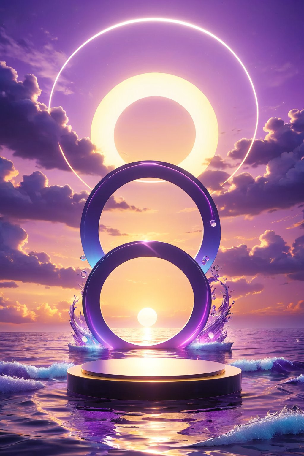 professional 3d model,anime artwork pixar,3d style,good shine,OC rendering,highly detailed,volumetric,dramatic lighting,3d\(hubgstyle)\,a round podium in the water on ocean surface in the middle,a glowing circle in the sky,sunset time,gradient yellow and purple color vibe,dark light,beautiful colorful background,very beautiful,masterpiece,best quality,super detail,anime style,key visual,vibrant,studio anime