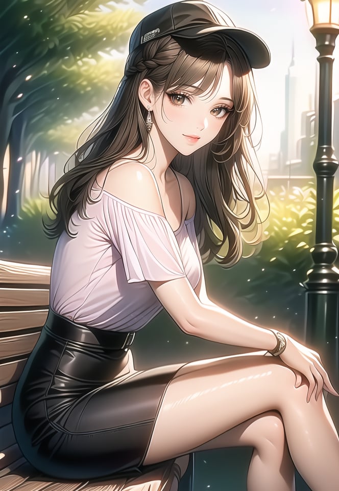 (best quality), ((masterpiece)), (highres), illustration, original, extremely detailed,1girl, sitting, brown hair, crossed legs, solo, long hair, looking at viewer, skirt, outdoors, earrings, jewelry, smile, brown eyes, black skirt, hat, shirt, closed mouth, watch, bench, braid, short sleeves, bangs, brown shirt, wristwatch, tree, black headwear, bare shoulders, day, lamppost, thighs