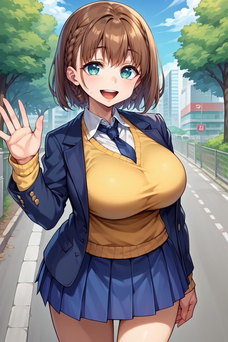 score_9, score_8_up, score_7_up, score_6_up, source_anime, BREAK 1girl, solo,  <lora:aichan-pdxl-nvwls-v1-000005:1> aichan, brown hair, cyan eyes, braid, blue blazer, yellow sweater vest, blue necktie, blue skirt, pleated skirt, large breasts, looking at you, happy, blue sky, tree, city, waving