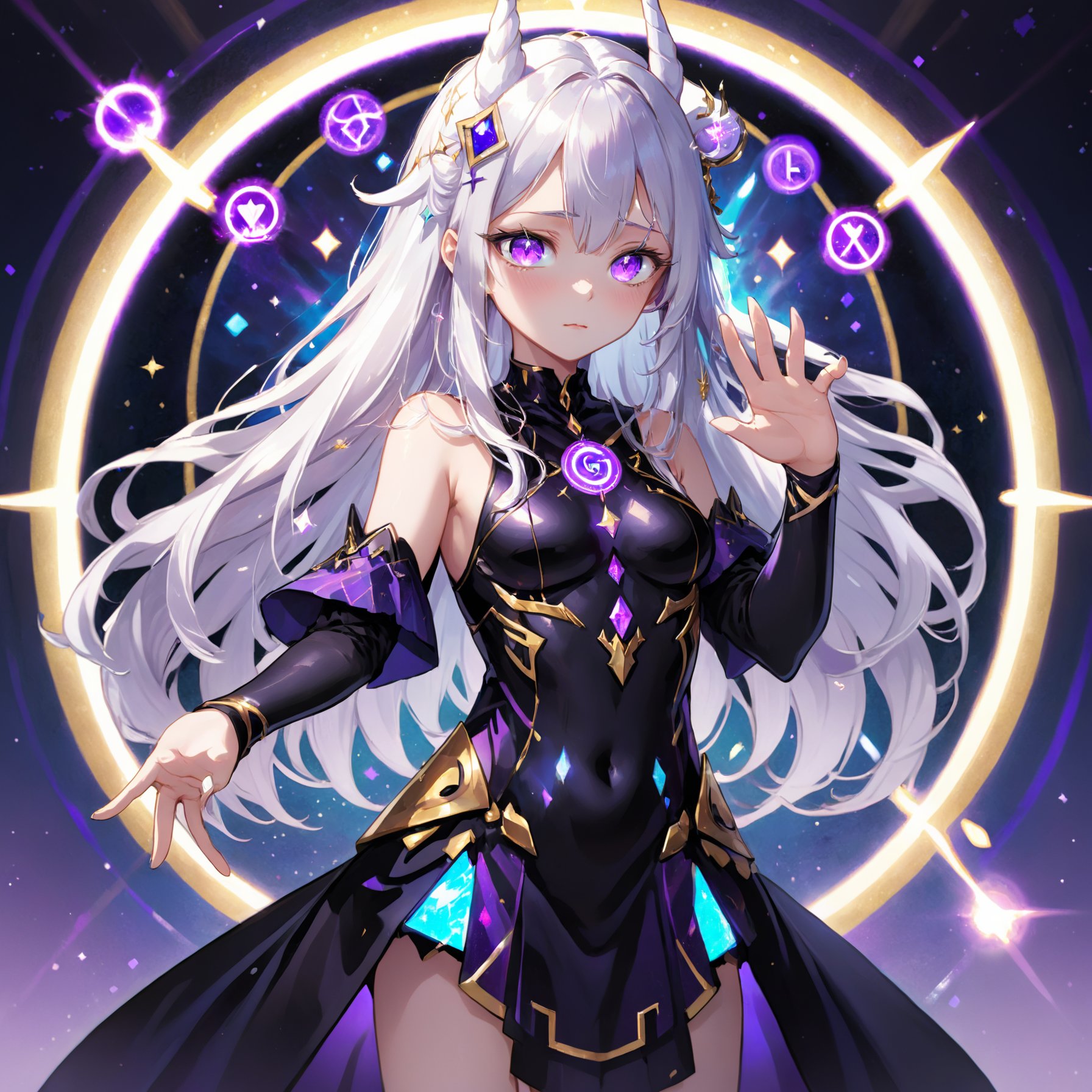 Illustration of XL-chan v1.0, a magical girl with long silver hair and vibrant purple eyes, dressed in a sleek black and silver outfit adorned with intricate purple runes. Standing confidently in the center of a shimmering blue and gold magic circle, her outstretched hand emits a brilliant beam of light, conjuring a majestic white unicorn as her trusted companion