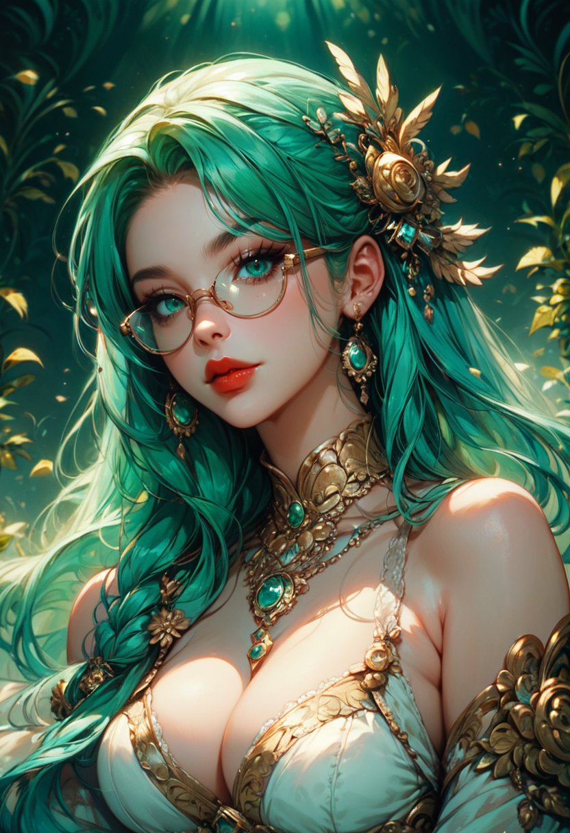 score_9,score_8_up,score_7_up, zPDXL, 1girl, solo, long hair, breasts, looking at viewer, bangs, large breasts, hair ornament, dress, cleavage, bare shoulders, jewelry, medium breasts, green eyes, upper body, earrings, green hair, glasses, necklace, aqua eyes, eyelashes, aqua hair, makeup, gem, red lips, mascara<lora:GN_v1.4:0.9>