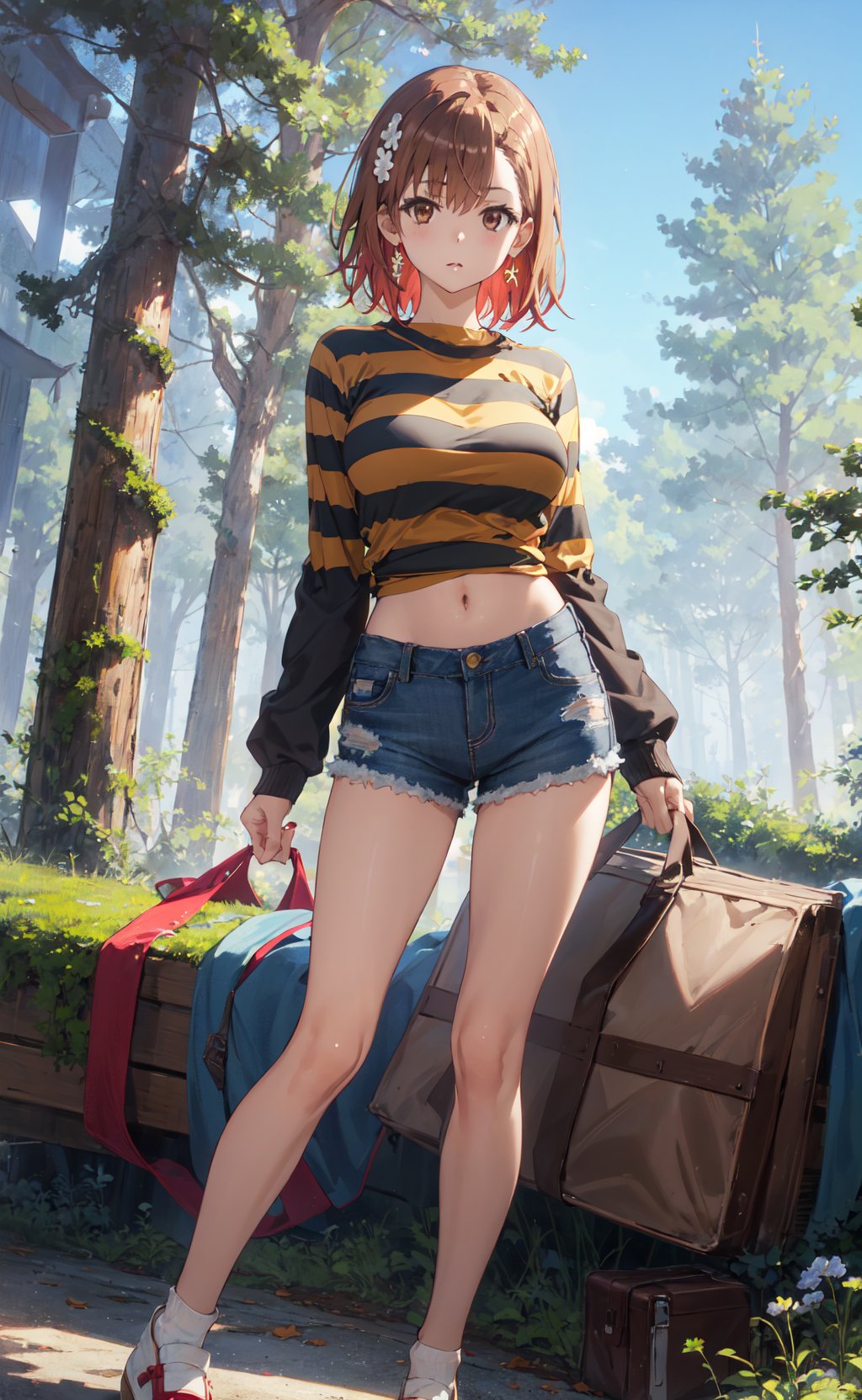 <lora:Misaka-000001:0.8>,Misaka CYQL,1girl,looking at viewer,solo,brown hair,short hair,hair ornament,hairclip,hair flower,brown eyes,(Striped_long_sleeve_top:1.5),(Denim_shorts:1.4),(Canvas_sneakers:1.3),(Picnic_park_background:1.4),Giant sequoias, Moss-covered logs, Ferns, Misty air, Coastal fog, Redwoods,(bored:1.2),(portrait:1.1),foreshortening,beautiful detailed sky,beautiful detailed glow,posing in front of a colorful and dynamic background,masterpiece,best quality,beautiful and aesthetic,contrapposto,female focus,wallpaper,